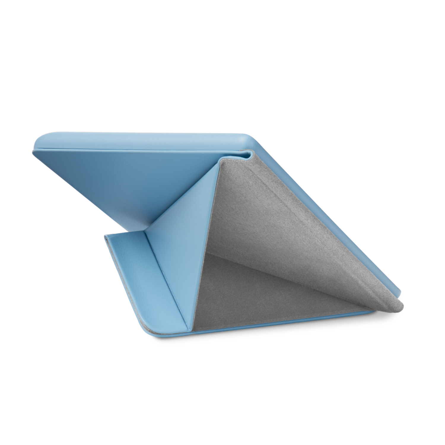 Un étui de tablette bleu ouvert en forme triangulaire. L'intérieur est gris.