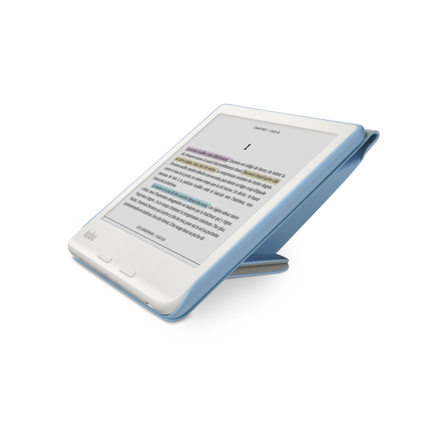 Liseuse avec une couverture bleue, montrant une page de livre avec texte surligné.