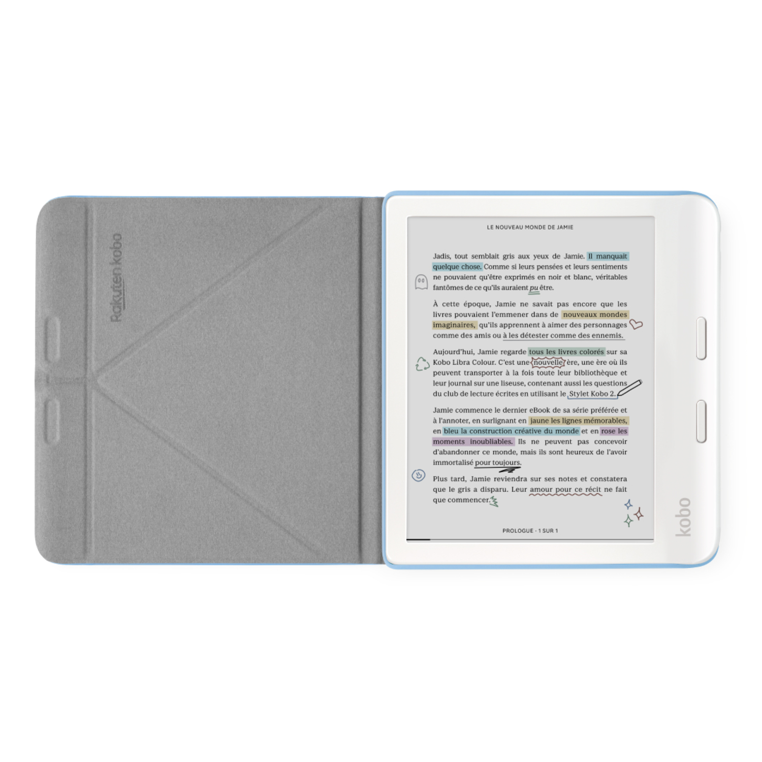 Une liseuse électronique avec du texte et des annotations sur fond blanc.