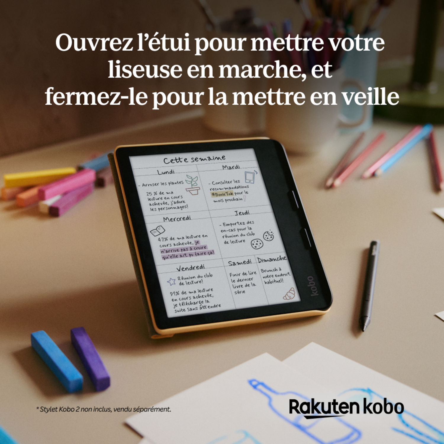 Liseuse avec un écran affichant un calendrier. Texte : ouvrir pour lire, fermer pour dormir. Logo Rakuten Kobo.