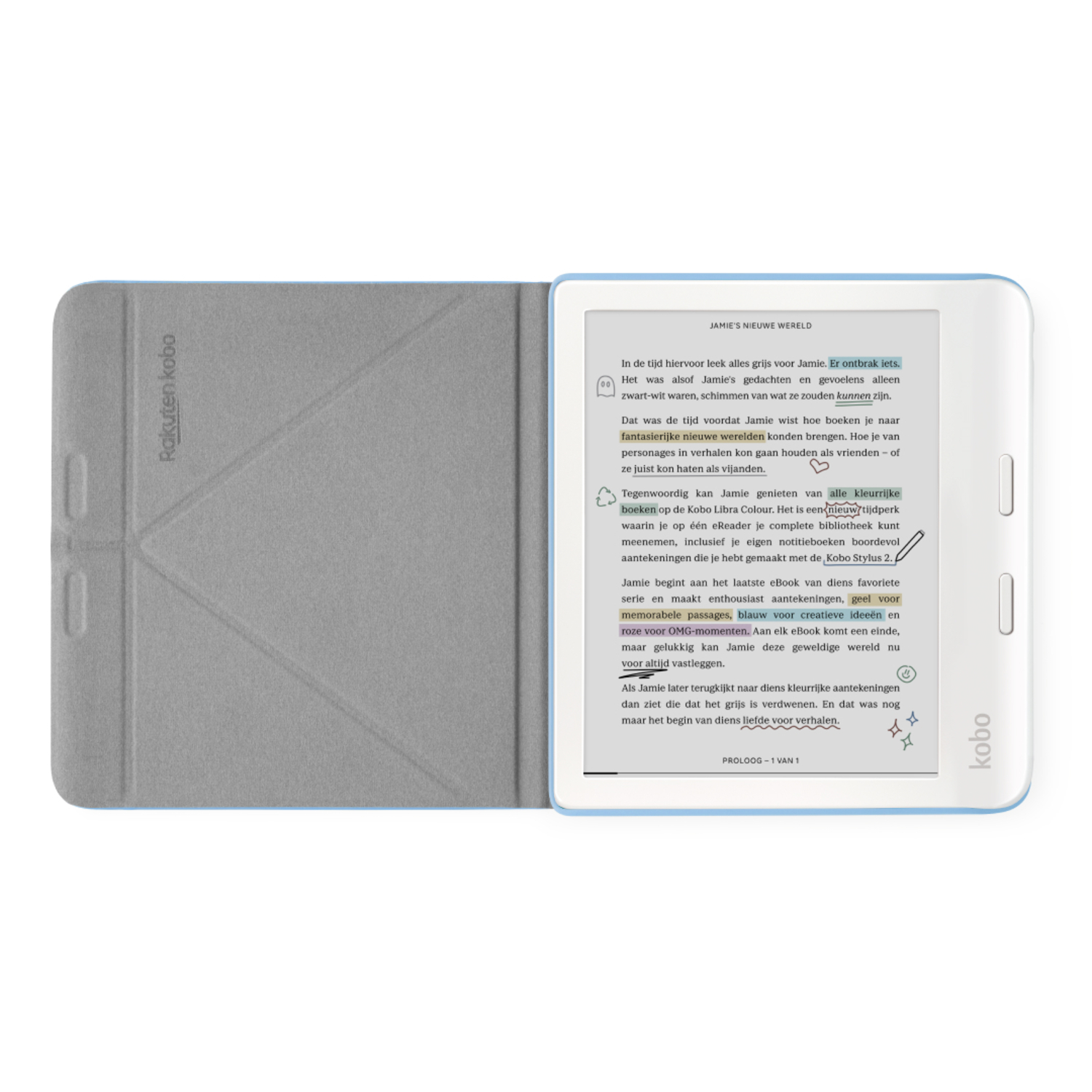 An e-reader with a gray cover is open, showing text. The cover is folded back and is on a light surface.