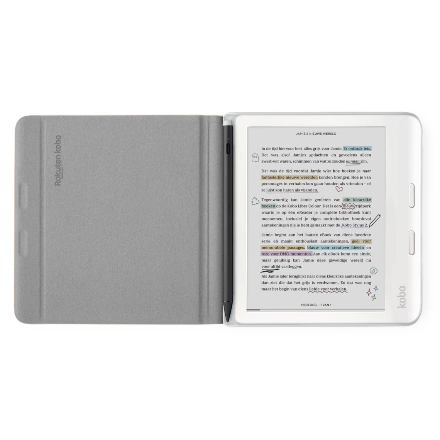 Een e-reader met een grijze cover en pen, op een wit oppervlak met tekst.