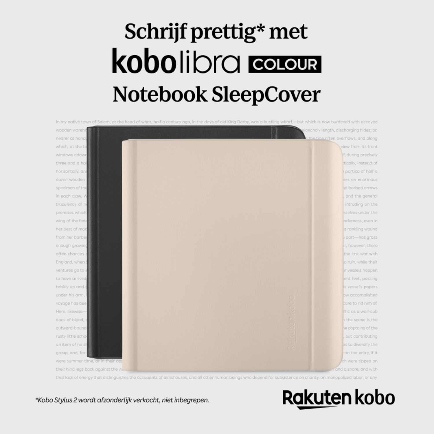 Een Kobo Libra kleuren notebookhoes, naast een zwarte hoes.
