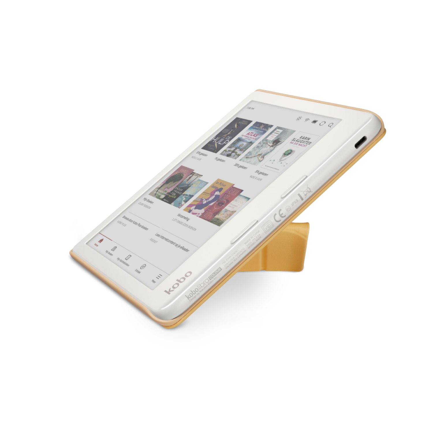 Witte en gouden e-reader opengeklapt met boekomslagen.