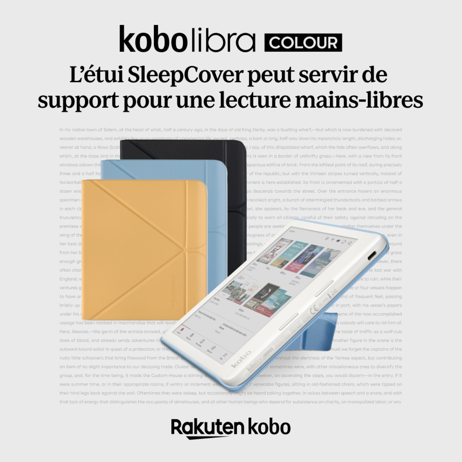 Liseuse Kobo Libra Colour noire sur un support. Un livre est ouvert sur l'écran. Couverture jaune.