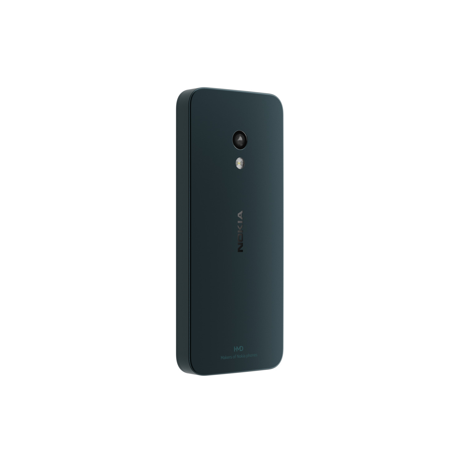 Dark blue Nokia phone, back view, with camera and brand name, white background.