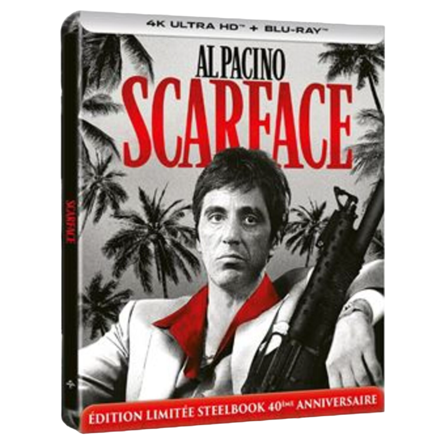 Coffret Blu-ray de Scarface. Al Pacino avec une arme, chemise rouge, palmiers en arrière-plan.