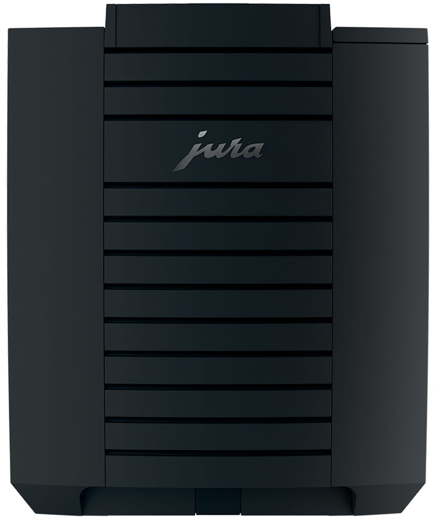 Una macchina da caffè Jura nera. Il logo Jura è visibile sulla parte anteriore. Ha un design verticale.