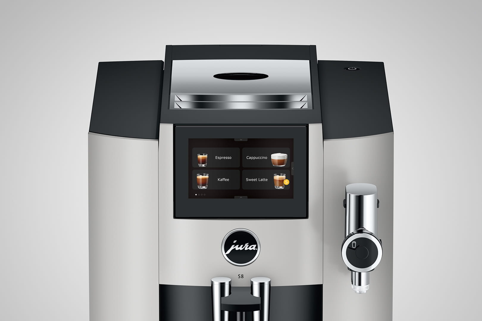 Macchina per il caffè argento e nera con touchscreen. Il display mostra espresso, cappuccino, ecc.