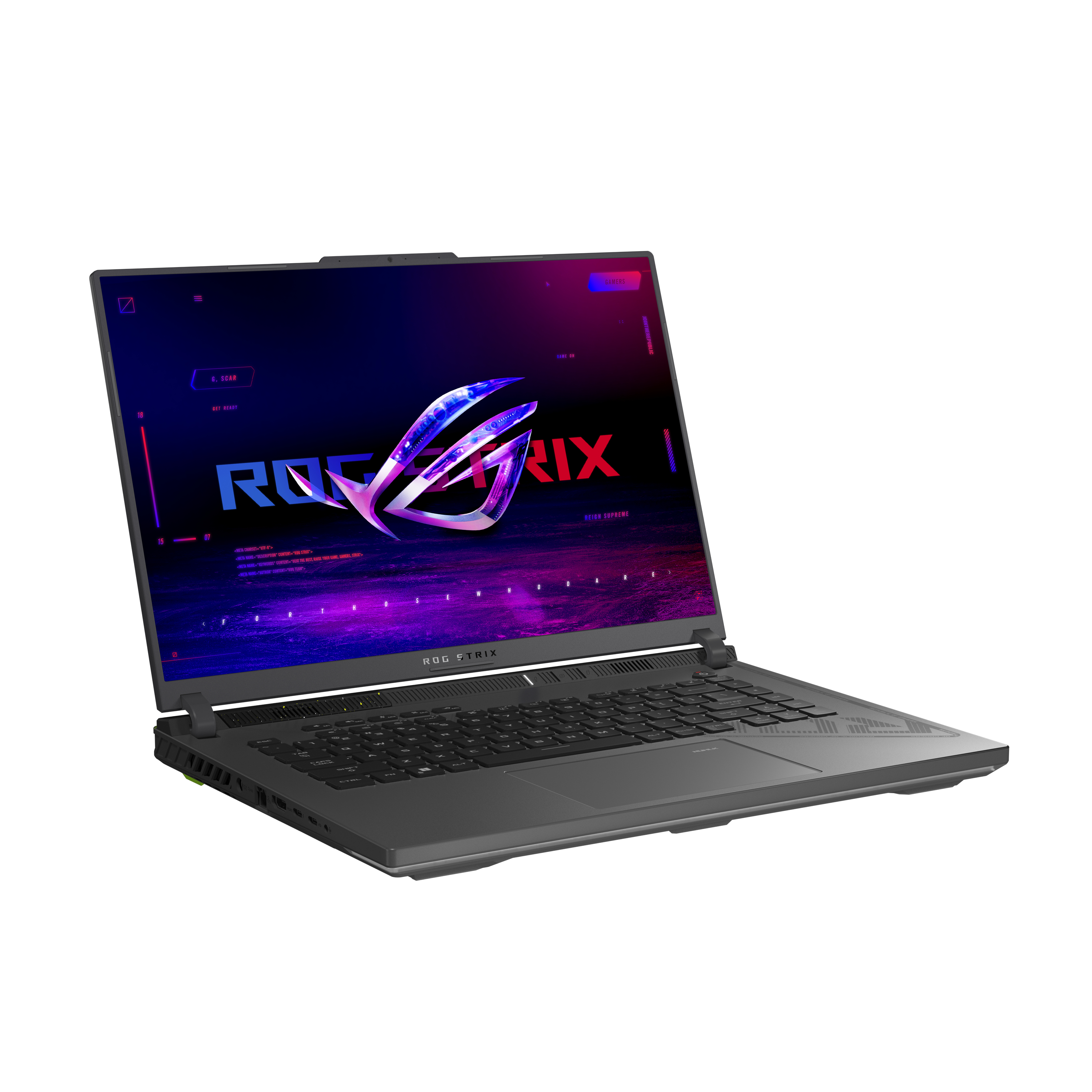 Una laptop con un cuerpo gris oscuro está abierta, mostrando una interfaz colorida. El logotipo ROG Strix es visible.