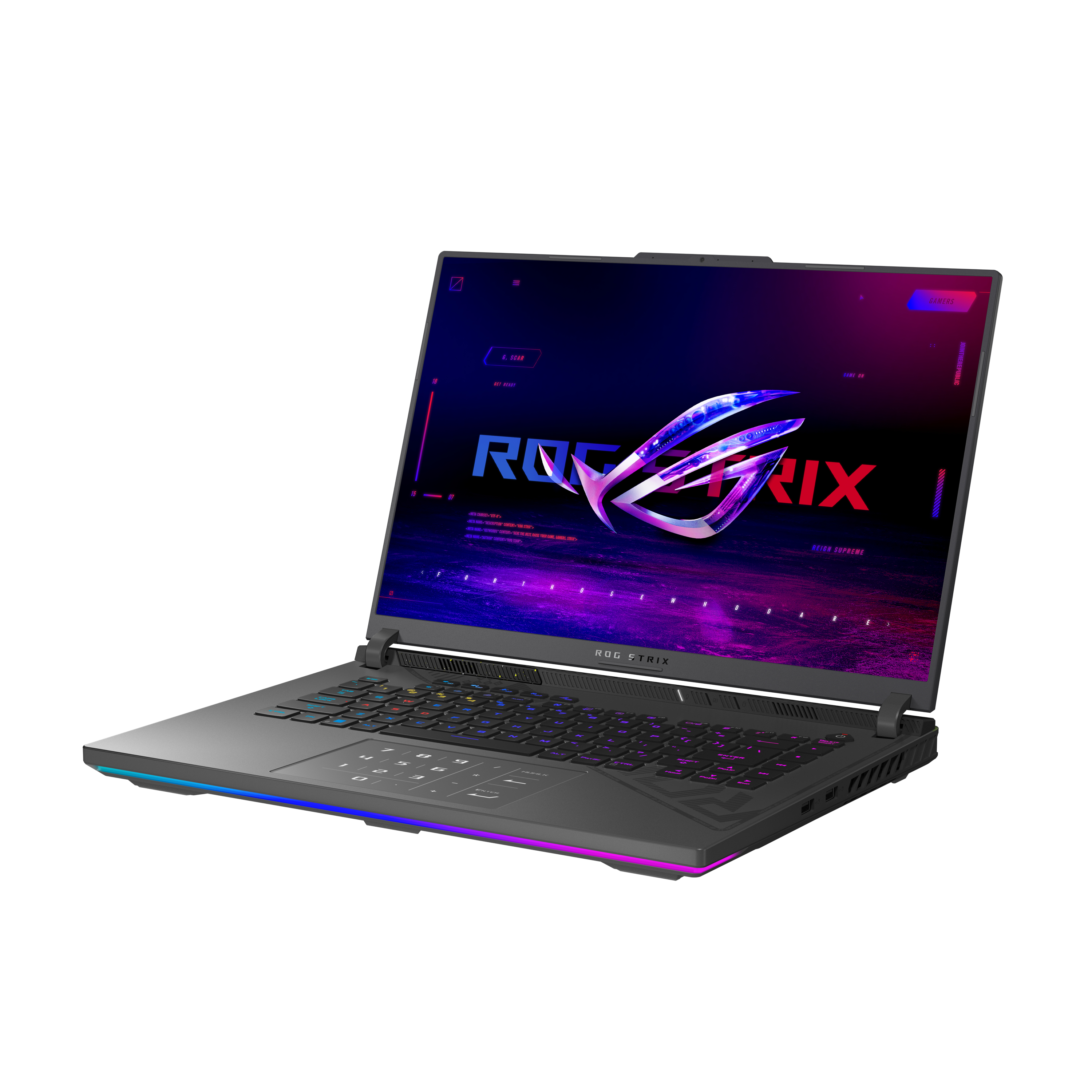 Portátil para juegos, abierto, mostrando pantalla con logo ROG. Teclado negro, luces coloridas.