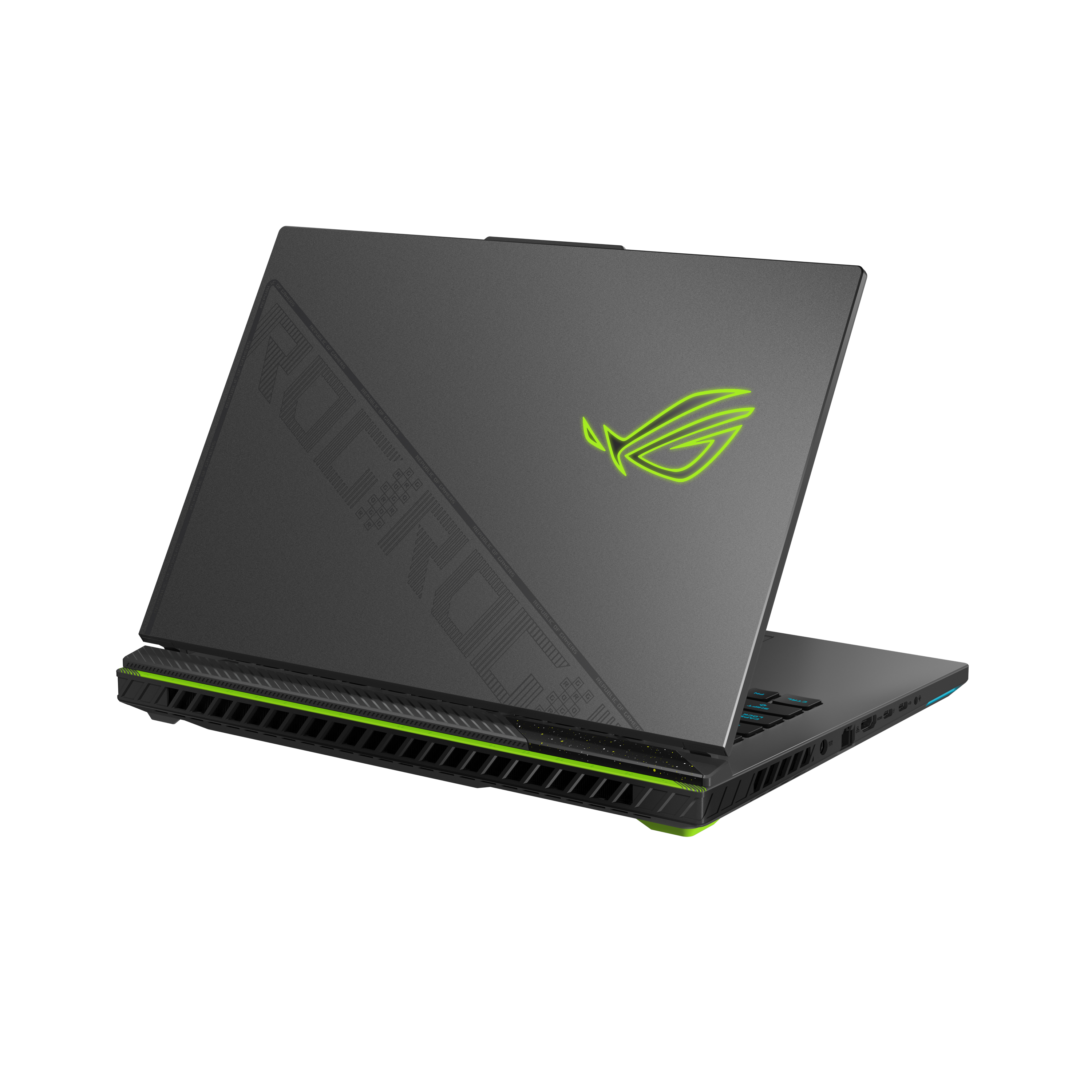 Una laptop con un logo verde está abierta. Tiene un color oscuro y un borde verde.
