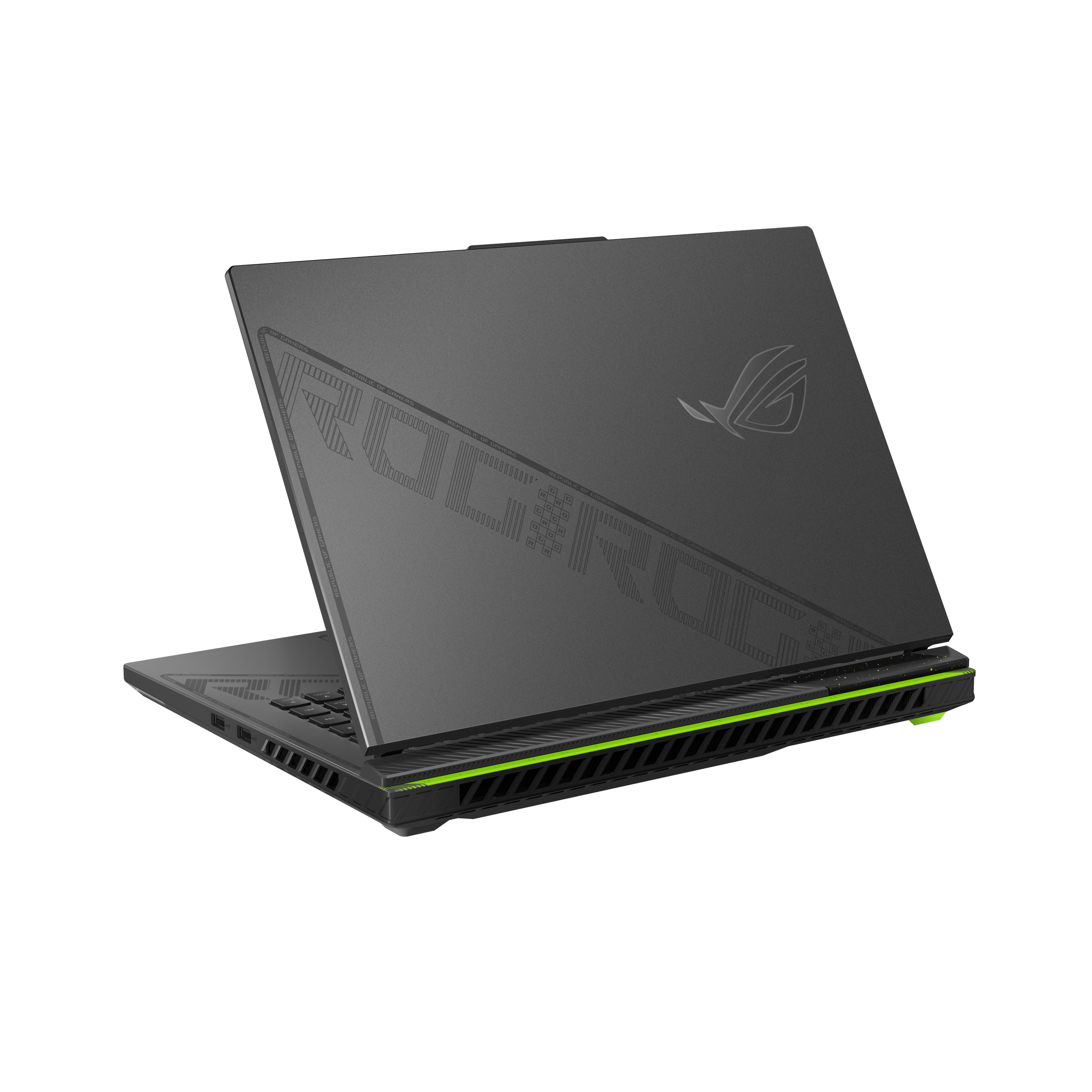 Vista trasera de un portátil negro con logo y texto ROG, detalles verdes.