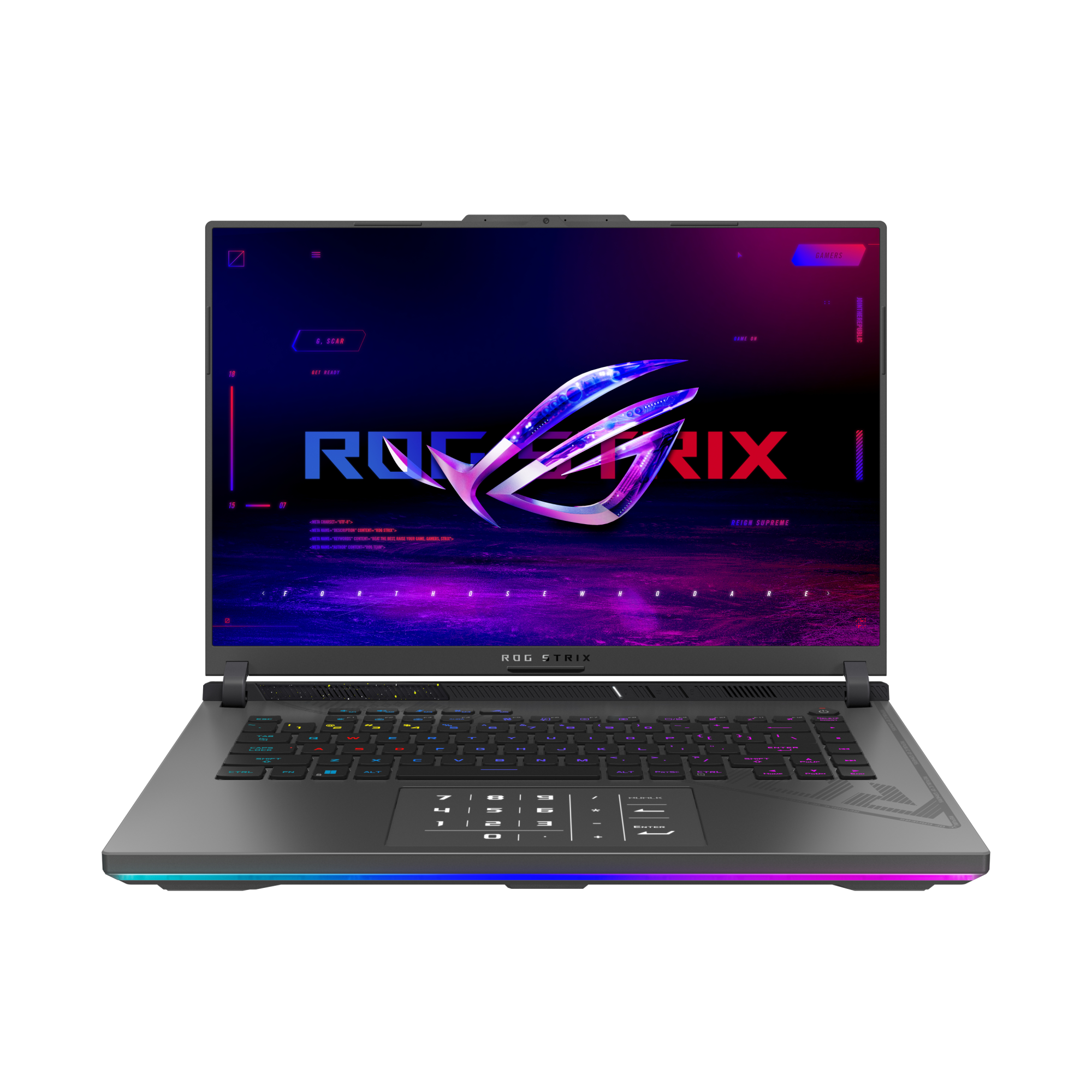 Portátil: ROG Strix. Teclado negro, pantalla con logotipo ROG y fondo colorido.