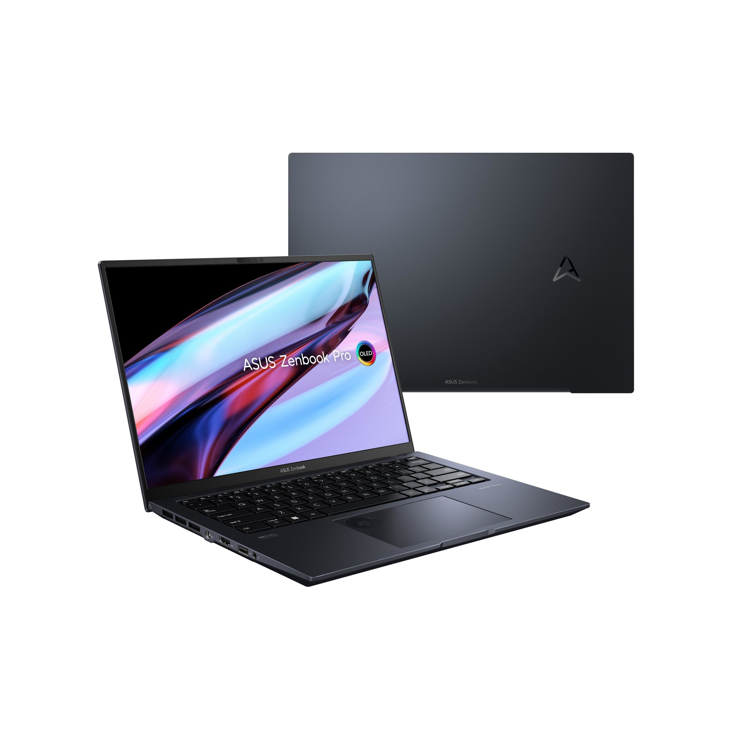 Portátil ASUS Zenbook Pro azul marino. Uno abierto y otro cerrado, mostrando la parte trasera.
