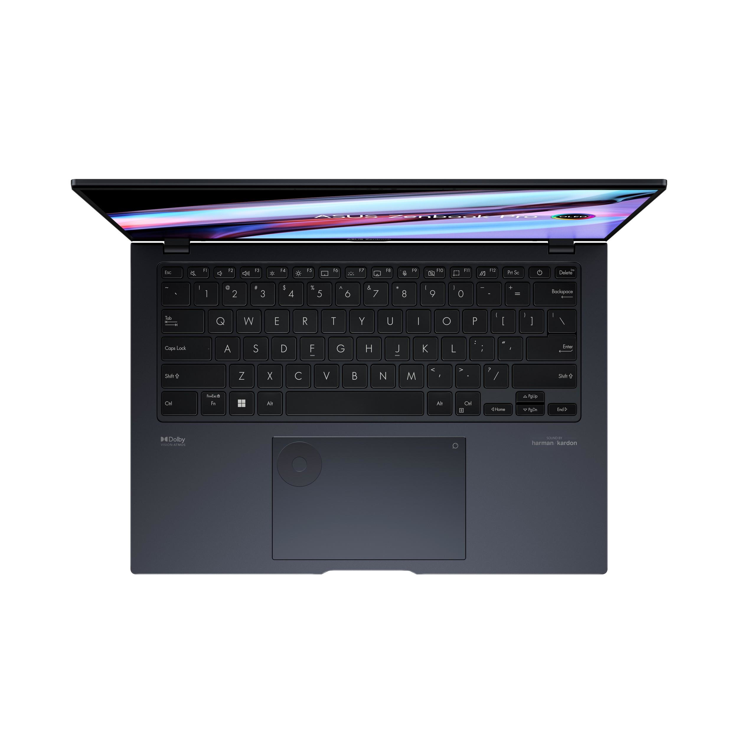 Una computadora portátil con vista superior, que muestra el teclado, el panel táctil y la pantalla.