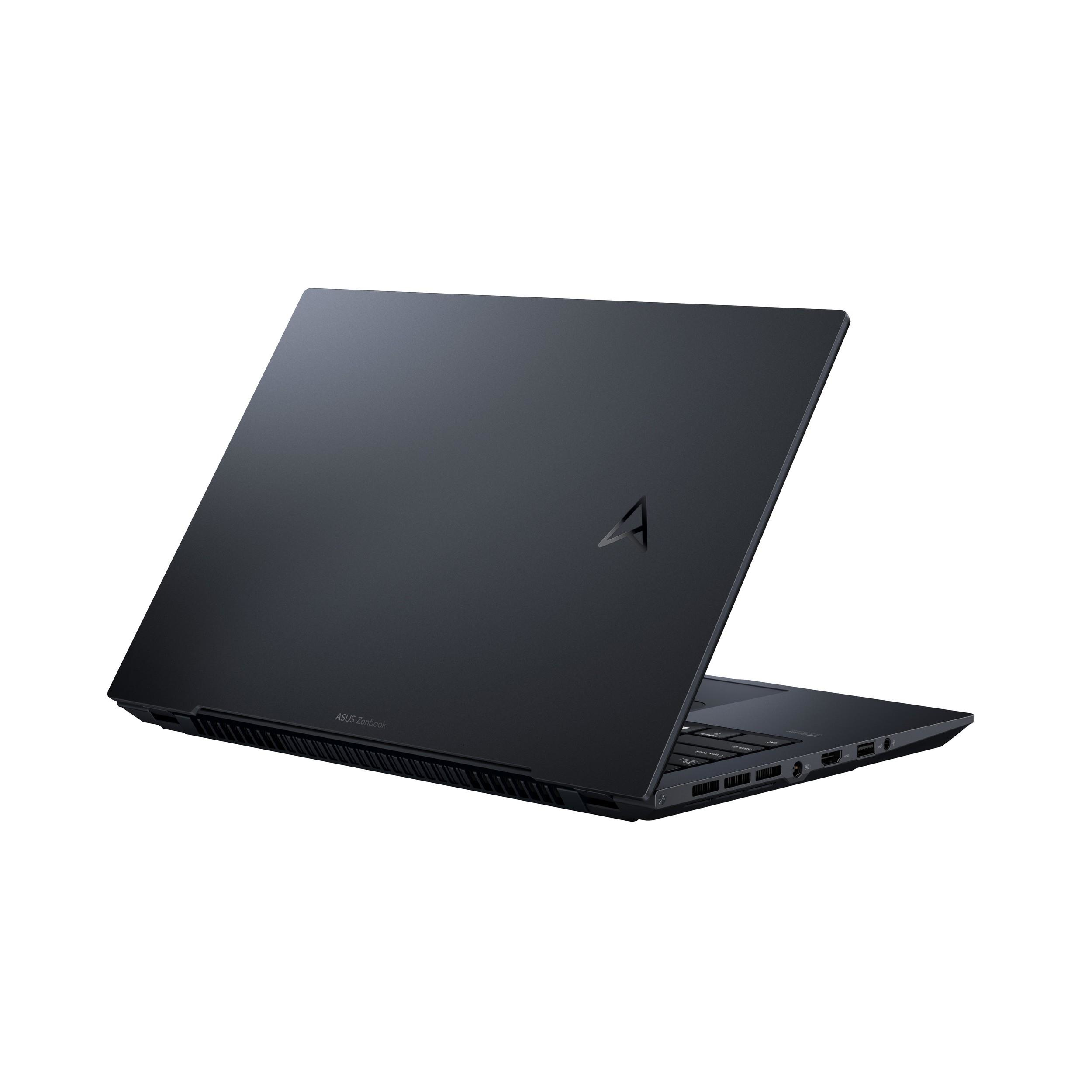 Portátil negro abierto, vista trasera. Logotipo ASUS Zenbook. Fondo blanco.