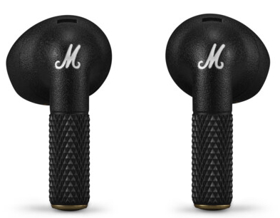 Czarne słuchawki douszne z teksturowanym wzorem. Logo Marshall na słuchawce.