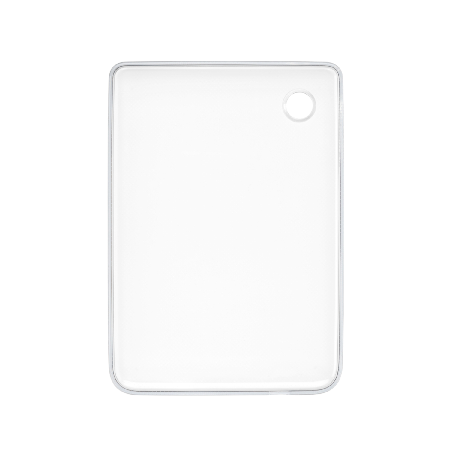 Wit tabletvormig snijplankje met een gat, op een zwarte achtergrond.