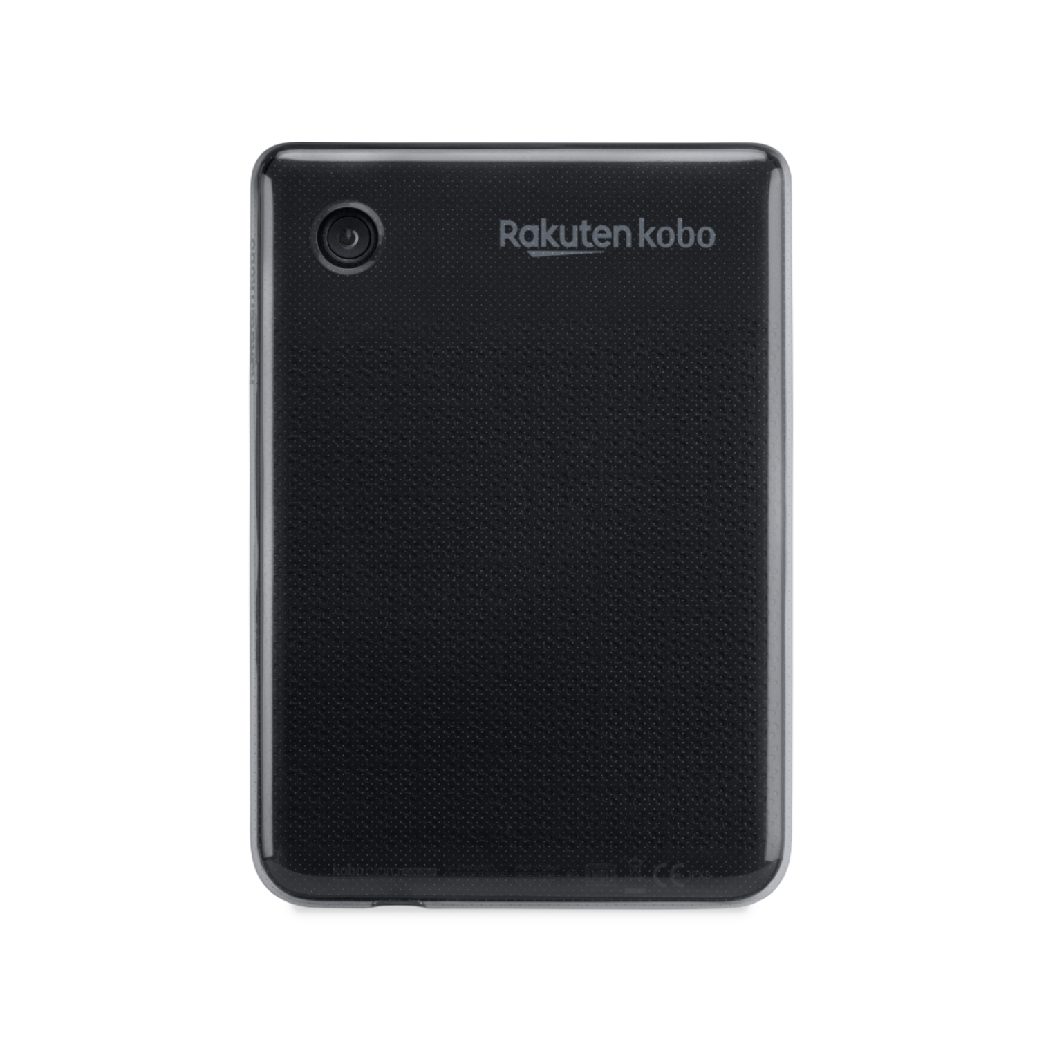 Zwarte Rakuten Kobo e-reader. De achterkant met het Rakuten Kobo logo is zichtbaar.