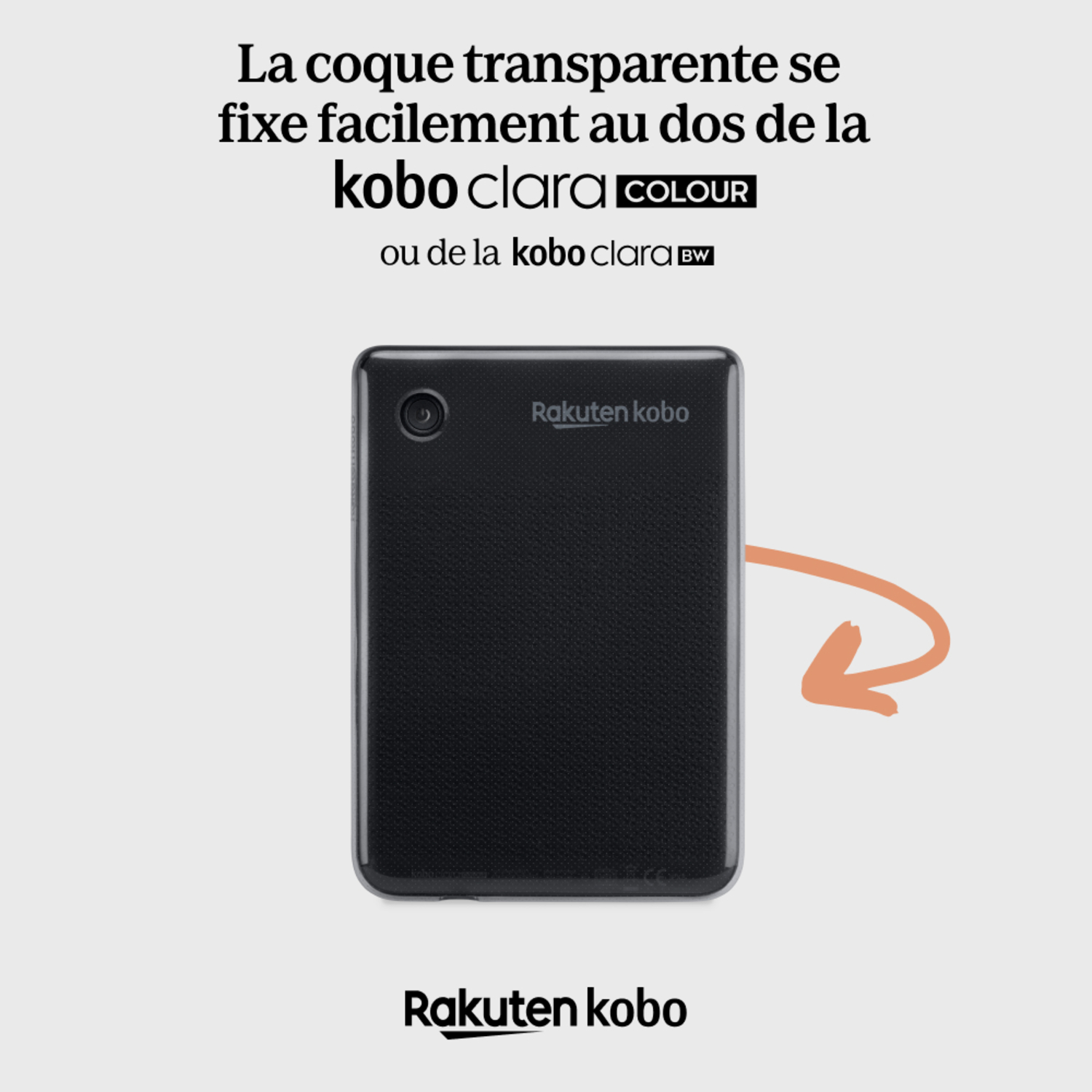 Liseuse Kobo Clara noire avec texte. Appareil noir avec texte sur fond blanc et rose clair.
