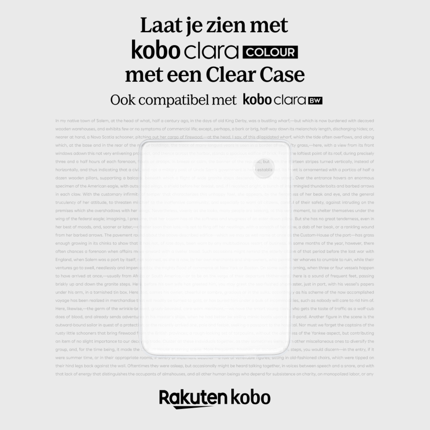 Tekst en boek met een doorzichtige hoes op een achtergrond met Rakuten-logo.
