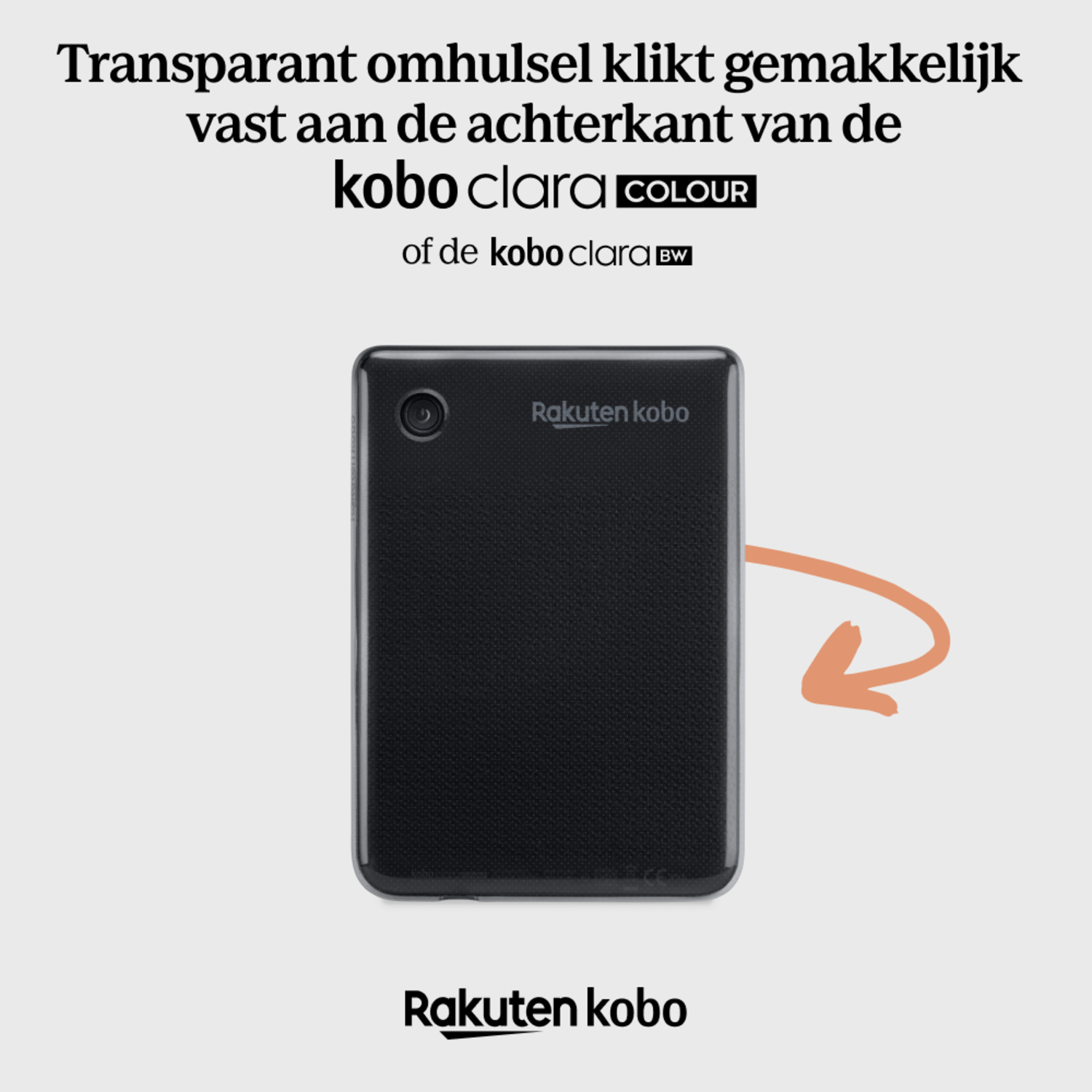 Zwarte e-reader met logo op witte achtergrond. Tekst erboven en een pijl die naar de reader wijst.