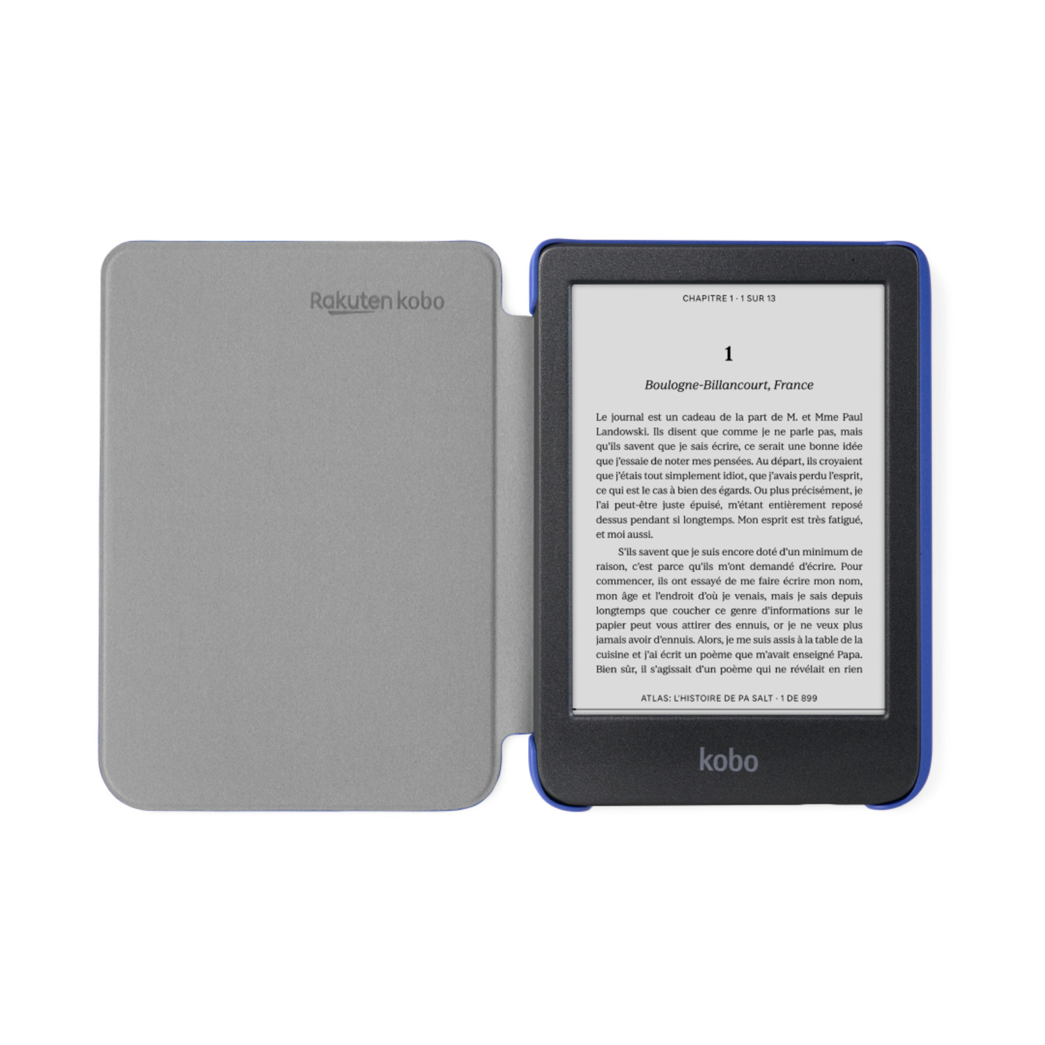Liseuse Rakuten Kobo sur étui bleu et gris.