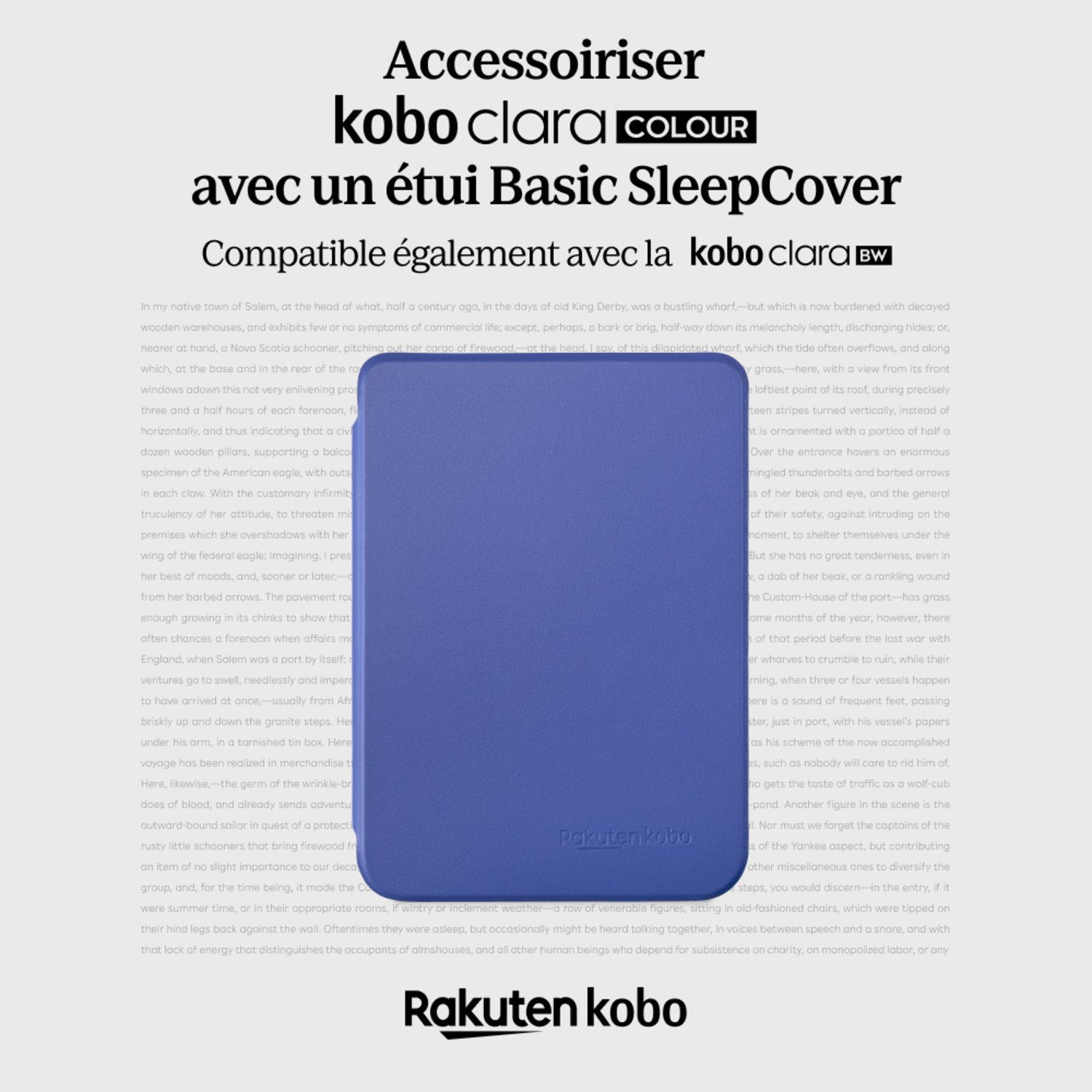 Liseuse Kobo Clara Colour avec une housse de sommeil bleue sur un livre, texte visible.