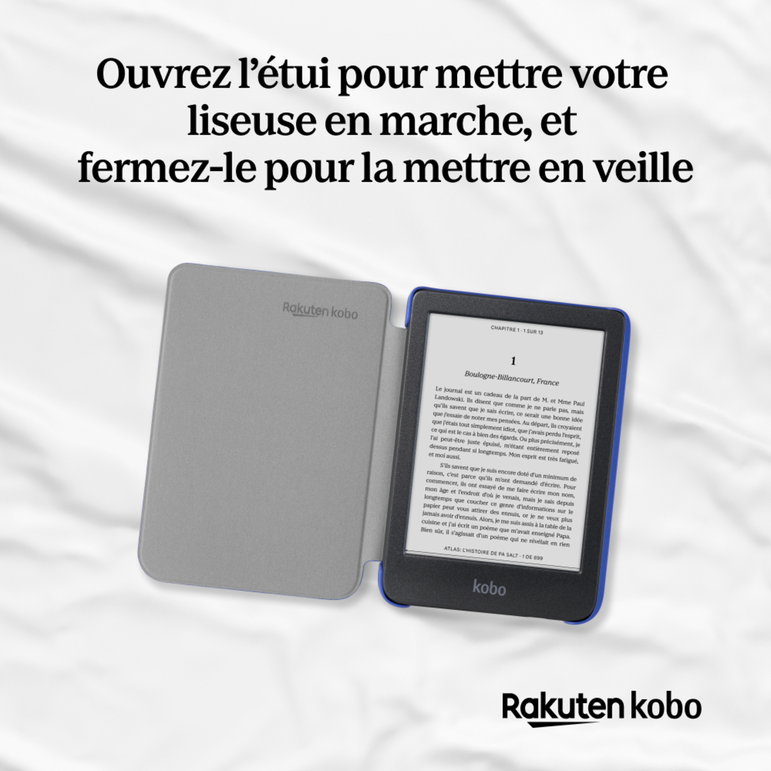 Un lecteur de livres électroniques ouvert avec du texte sur son écran et du texte au-dessus.