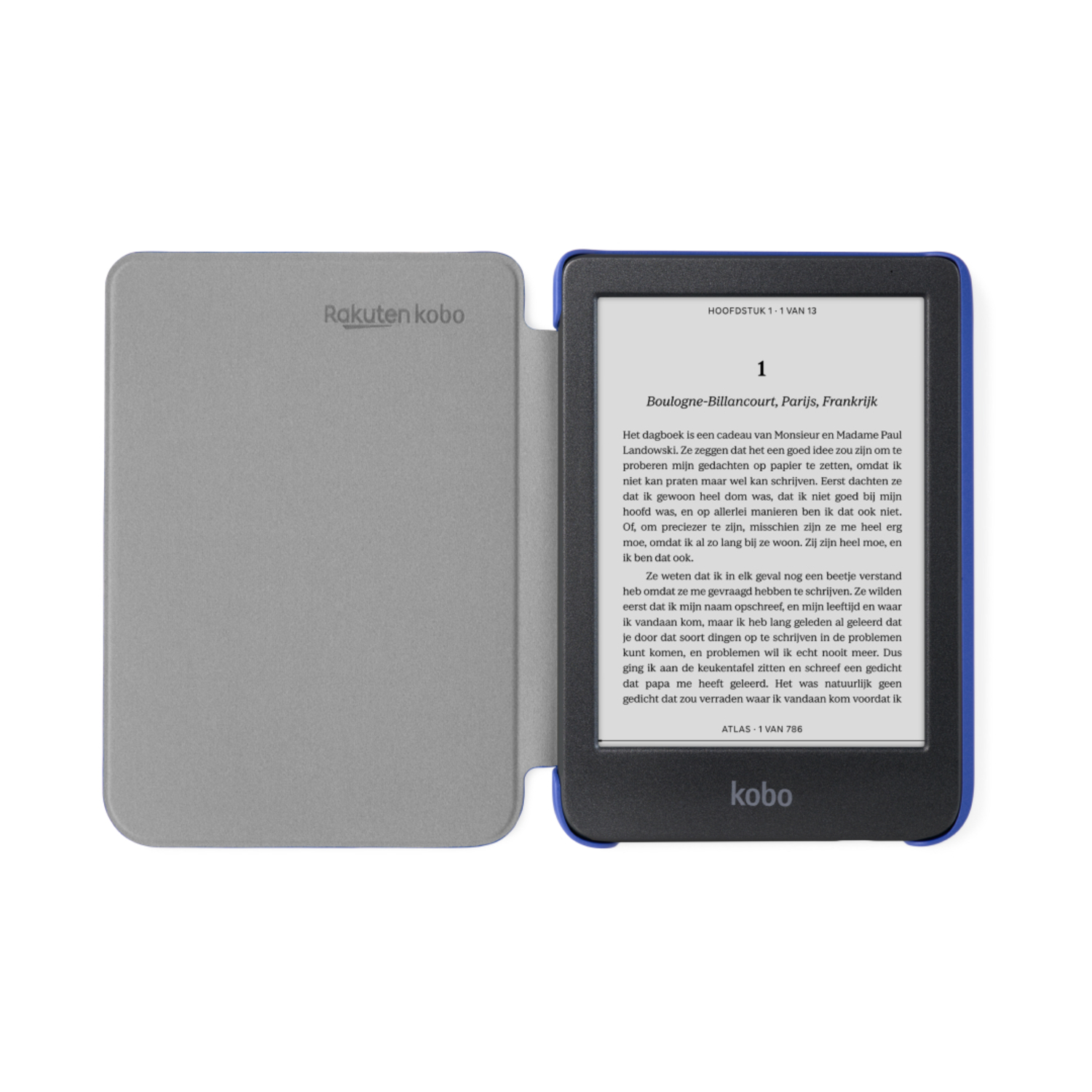An e-reader with a green cover, showing text and standing on a green stand.