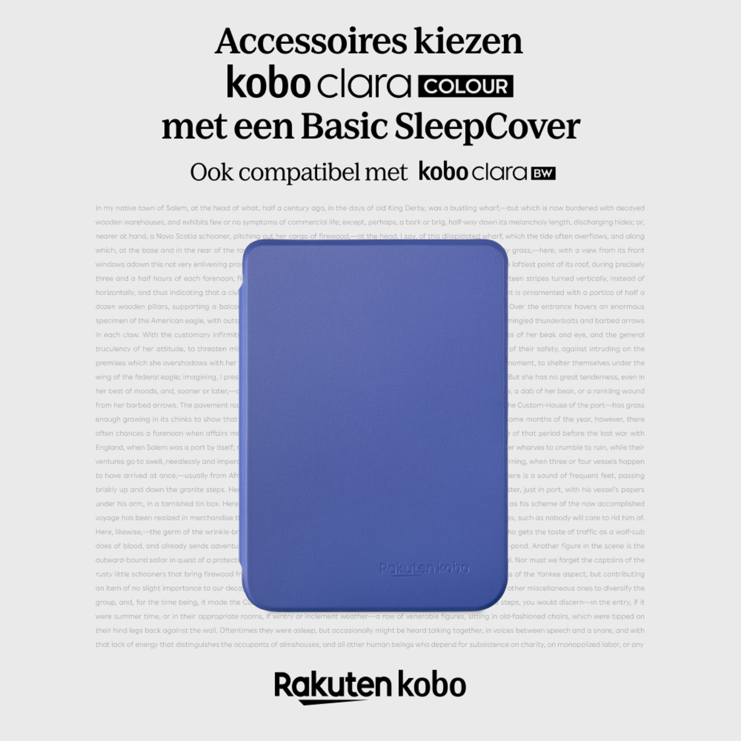 A blue e-reader case on top of a book, text about the product.