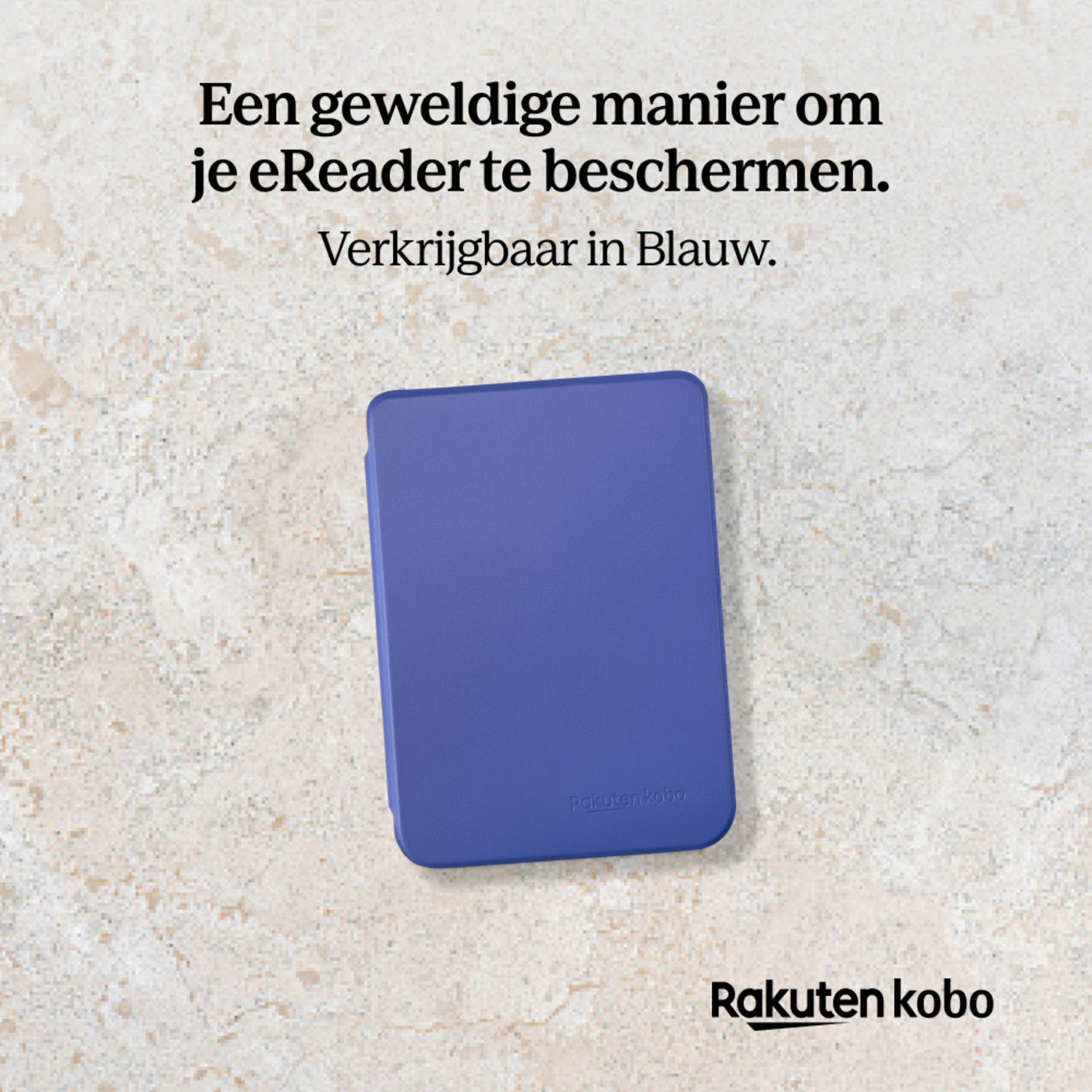 A blue e-reader cover on a textured surface, with the brand name.