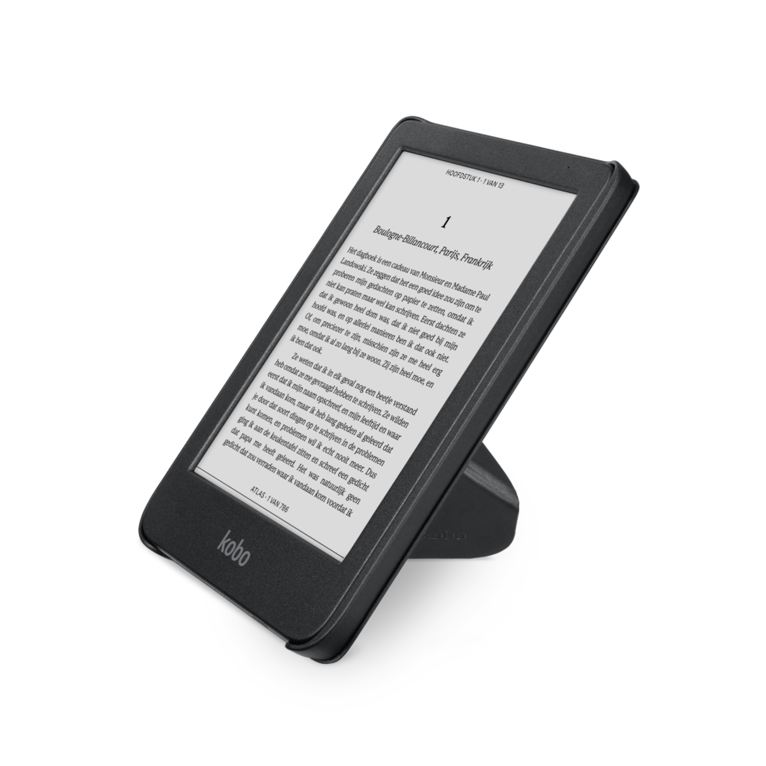 E-reader on a stand, displaying a book page.