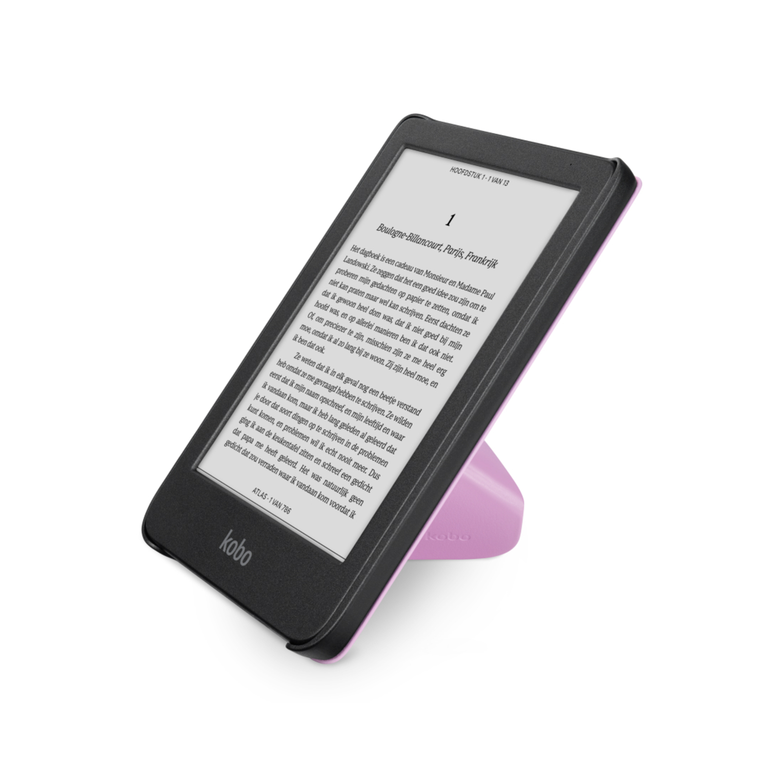 E-reader on a pink stand. Screen shows text. Black device, white background.