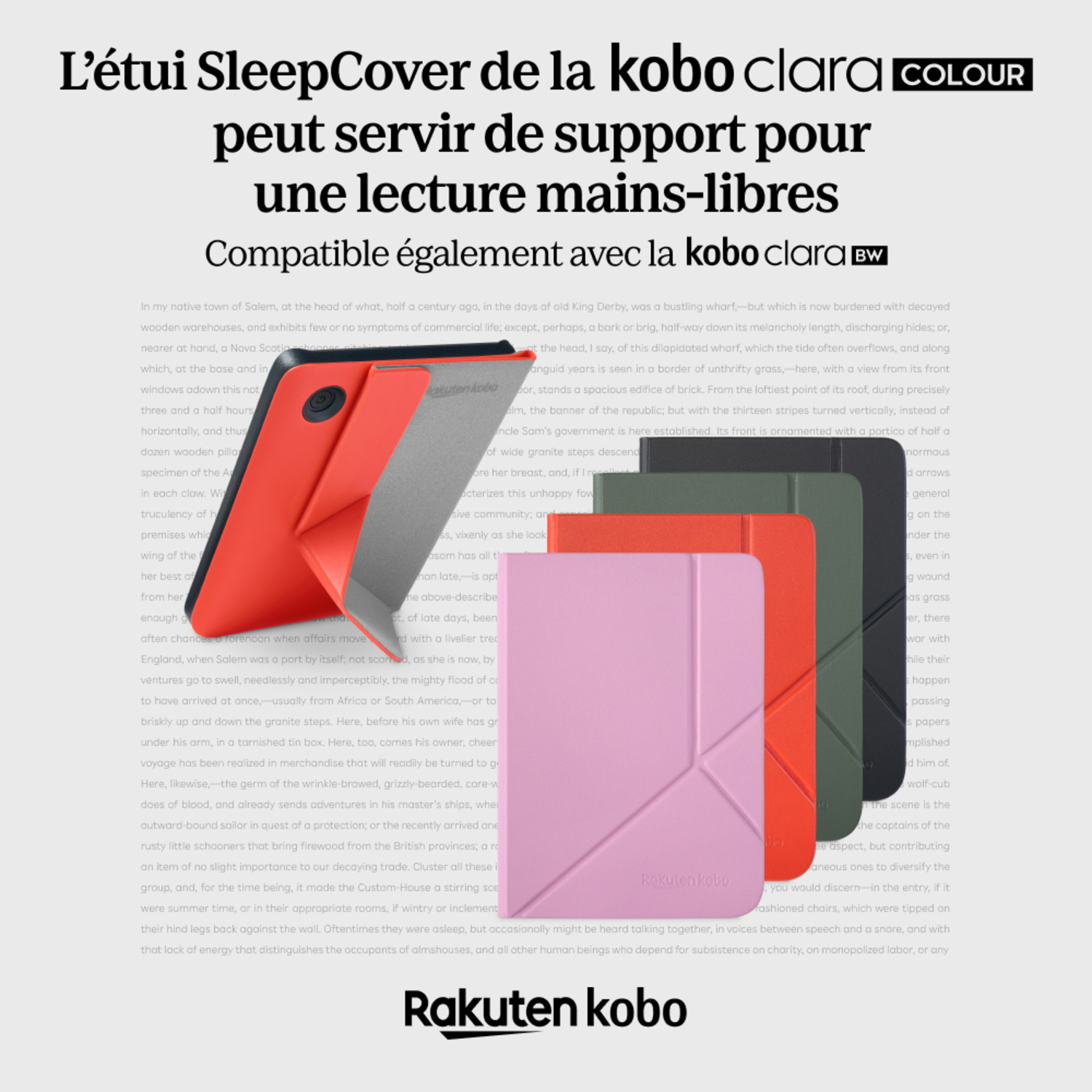 Une liseuse avec une couverture orange est montrée avec une page de livre en arrière-plan.