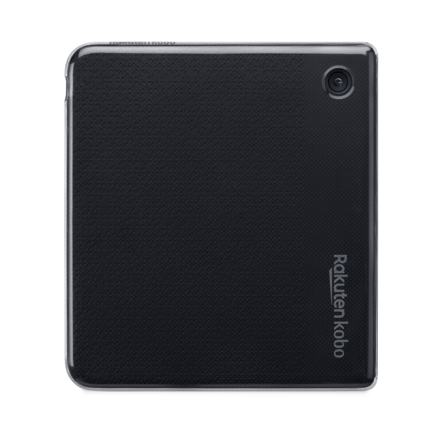 Liseuse Rakuten Kobo noire. Vue arrière, surface texturée et caméra. Fond blanc.