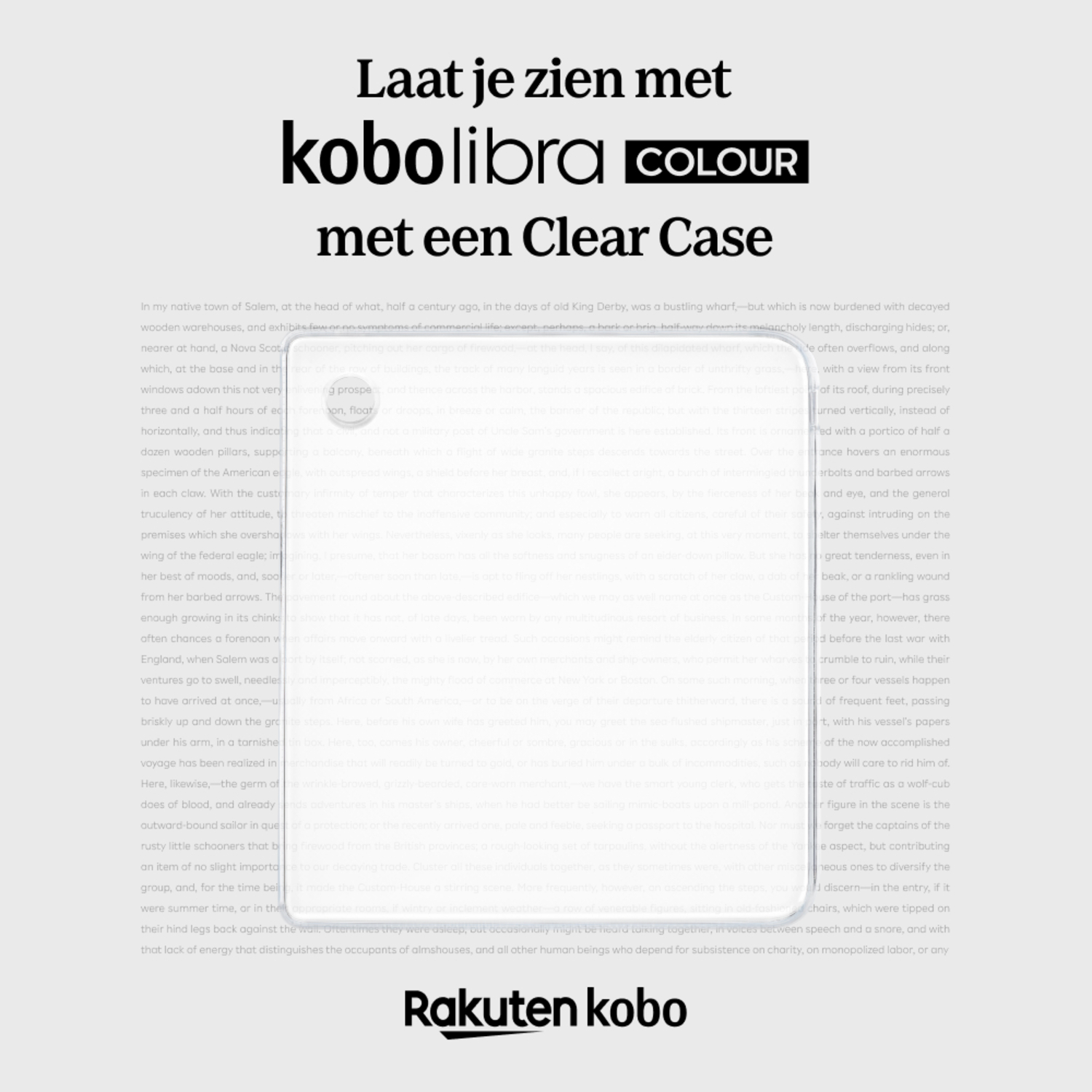 Text on a book cover: kobo libra colour with a clear case. Rakuten and other text is below.