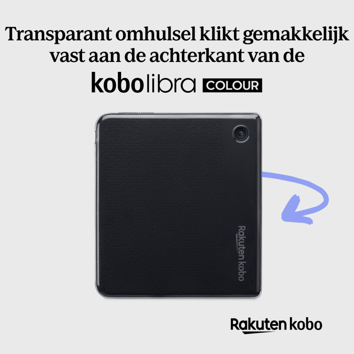 A black Kobo Libra Colour e-reader, with a transparent cover, and a Rakuten Kobo logo.