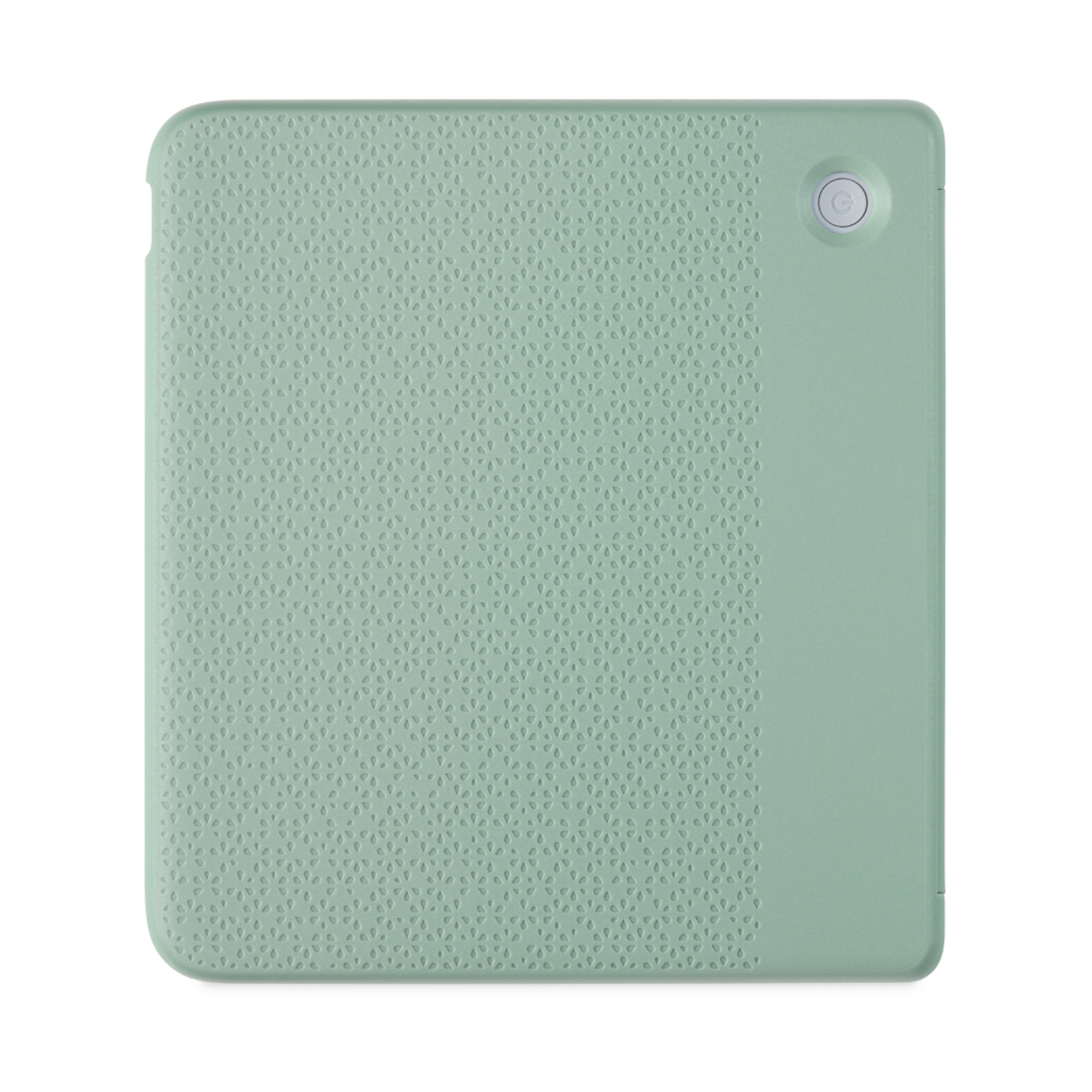 Une housse de tablette vert clair. Le côté droit est d'une nuance plus claire et possède un bouton.