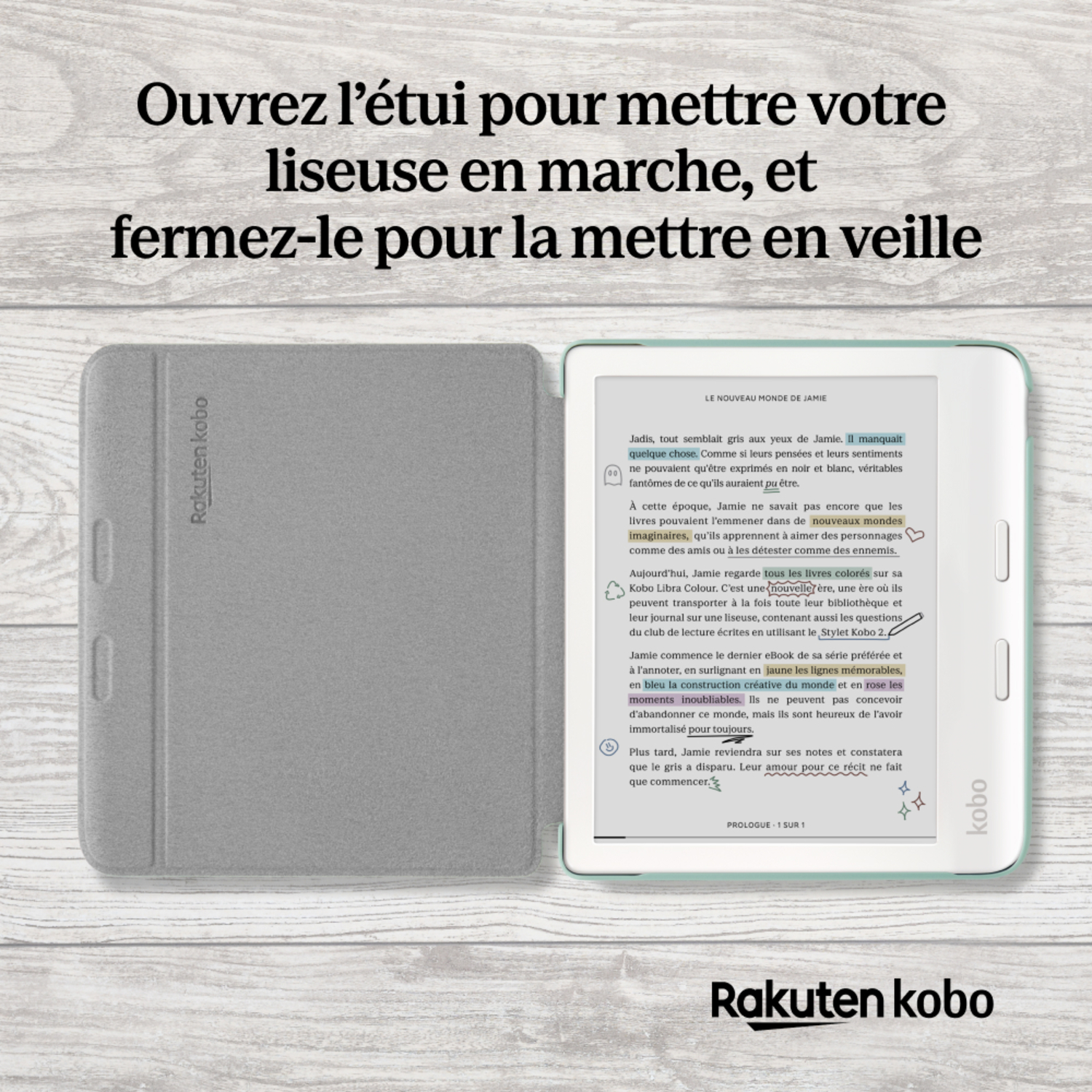 Liseuse ouverte avec texte. Étui gris et logo Kobo. Texte en français. Fond blanc.