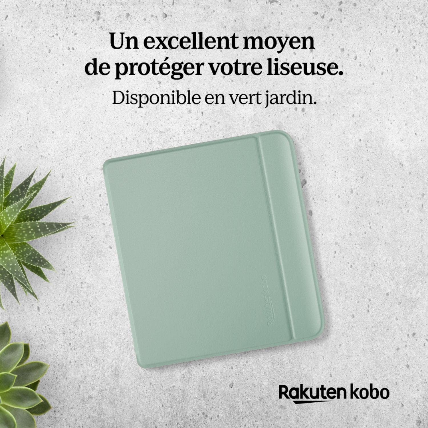 Un étui Kobo vert clair sur une surface texturée. Texte en français visible.