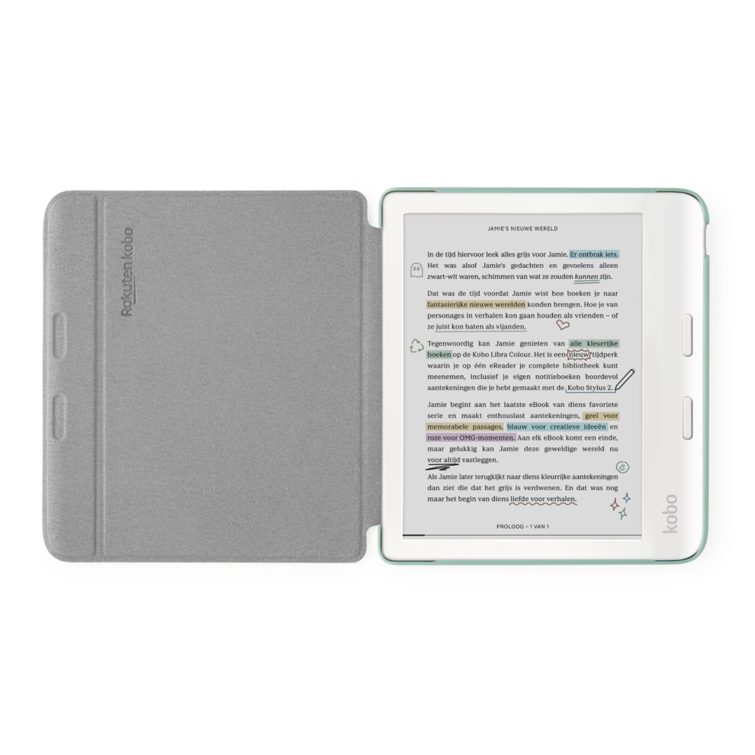 Kobo e-reader with a book open, green cover.