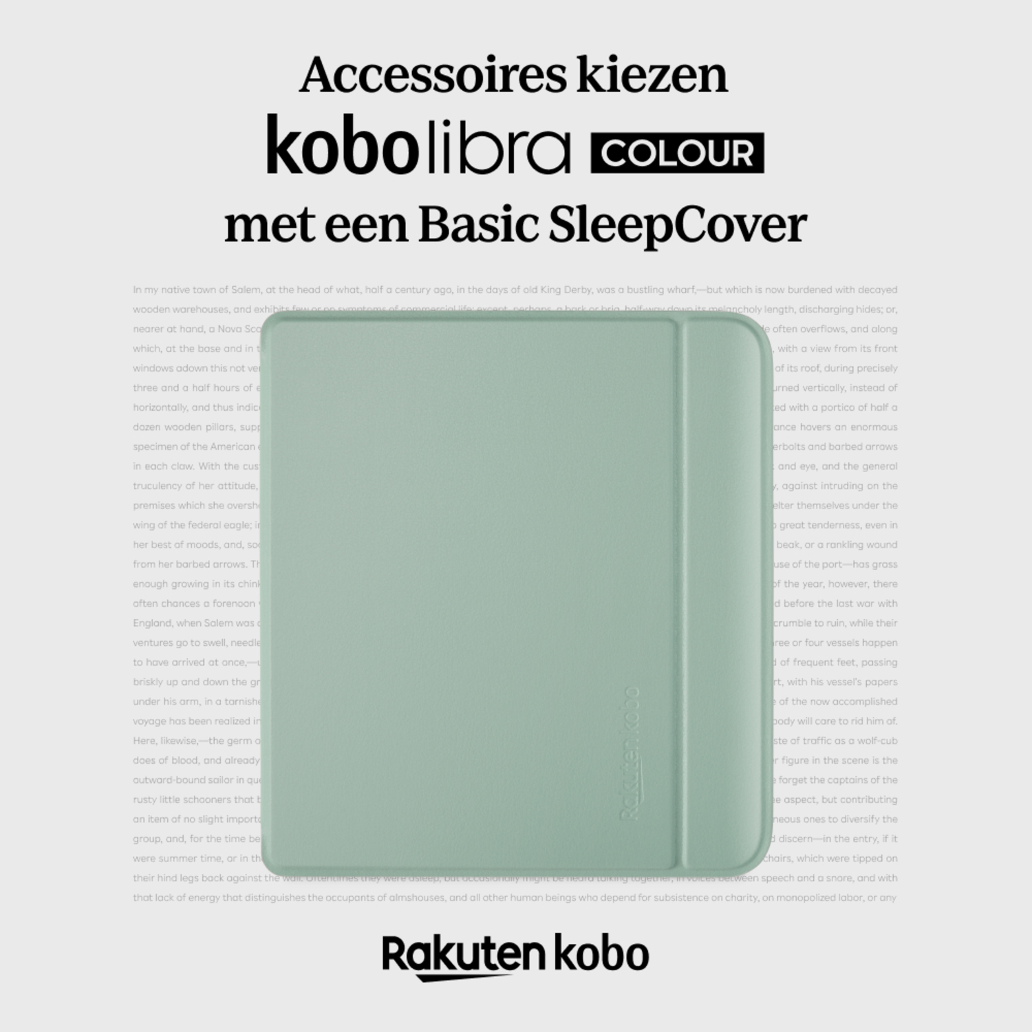 A green e-reader cover over an e-reader with text on a white page.