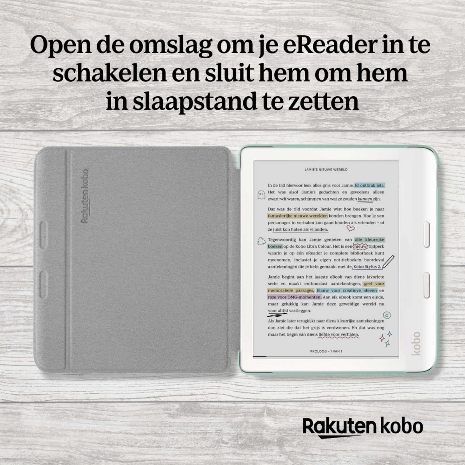 A grey Kobo e-reader with the screen open, showing text, and a Rakuten Kobo logo.