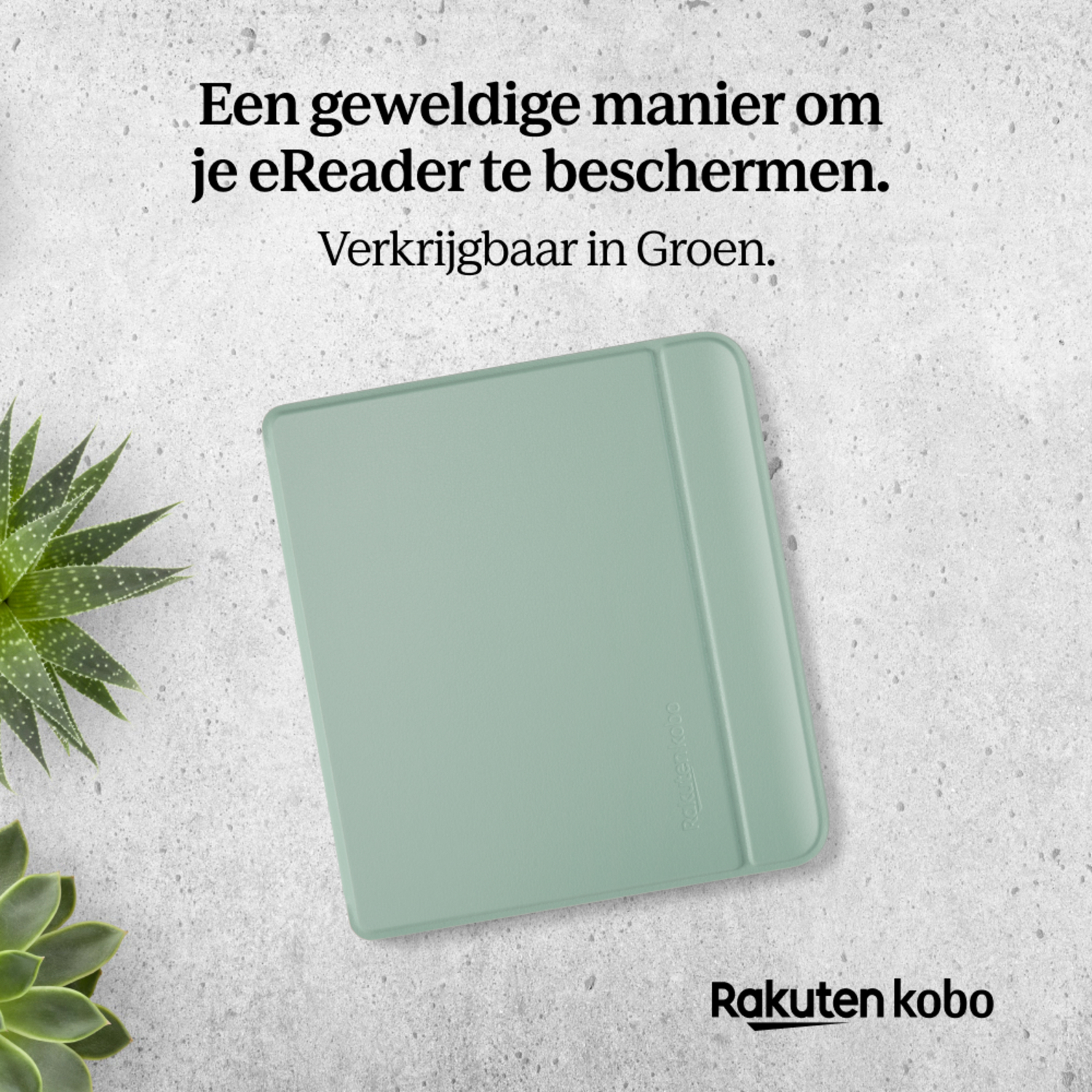 A green e-reader case on a light gray surface, with text and a plant in the background.