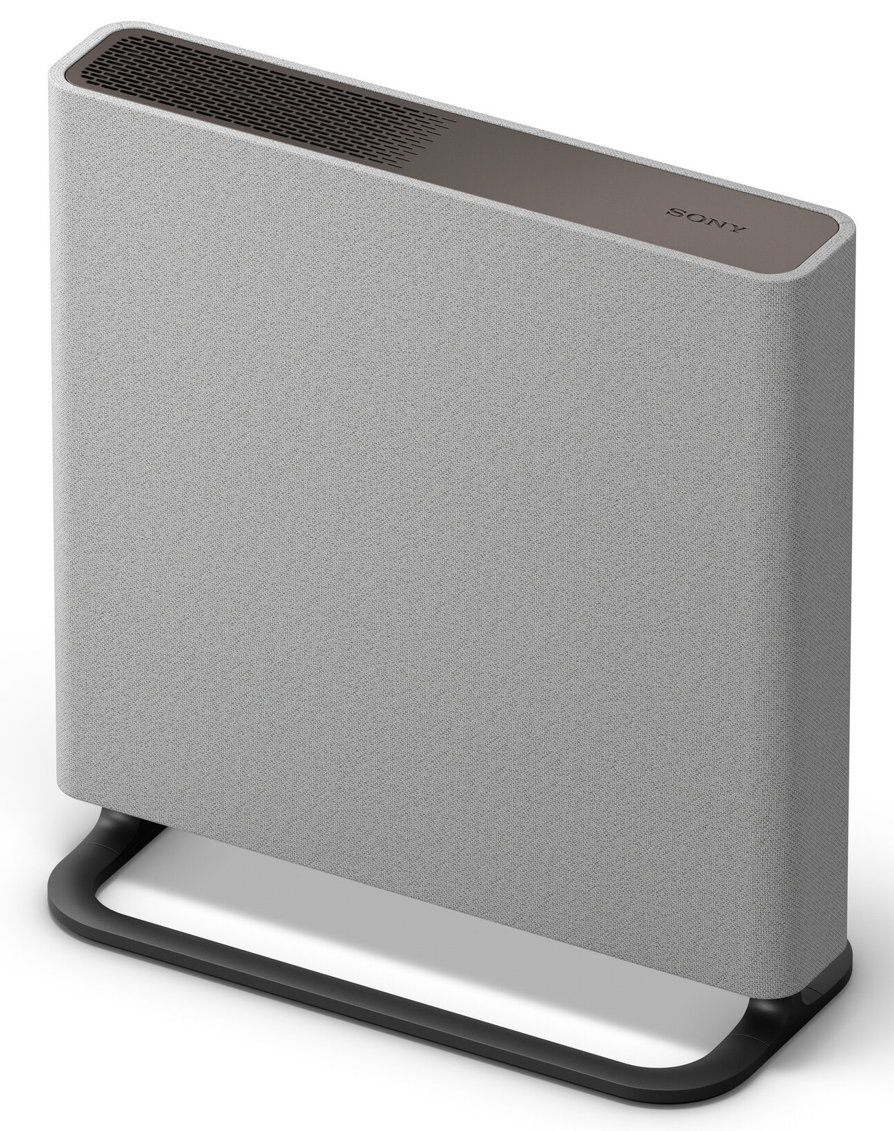 Szary głośnik z czarną podstawą. Ma ciemnobrązowy wierzch z napisem 'SONY'. Głośnik stoi na białej powierzchni.