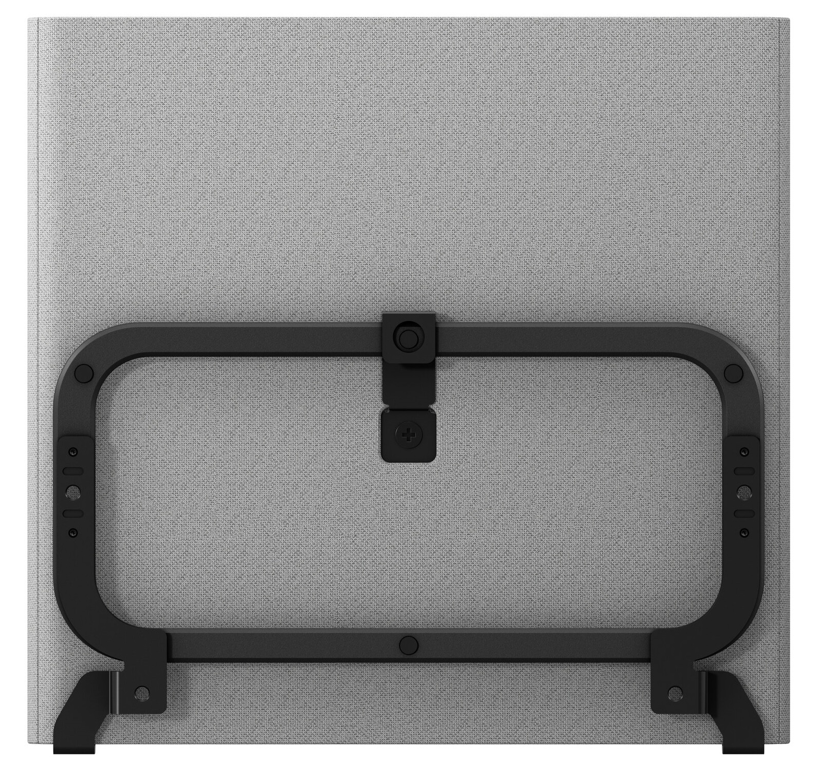 Szary panel z tkaniny z przymocowaną czarną metalową ramą. Rama ma kształt prostokąta z zaokrąglonymi narożnikami i centralnym złączem.