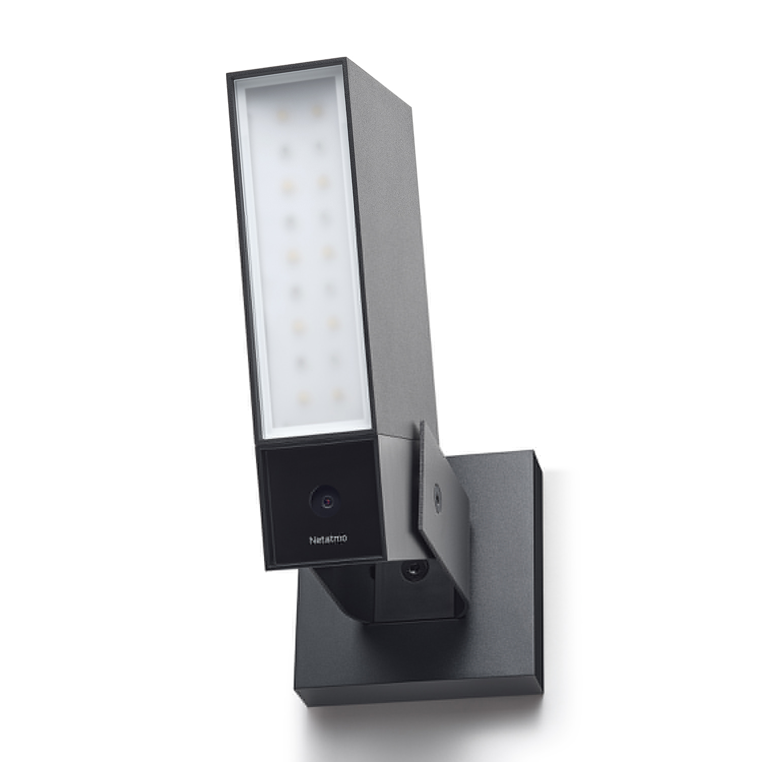 Lampada da parete esterna nera. Forma rettangolare nera con telecamera e luce. Sfondo bianco.