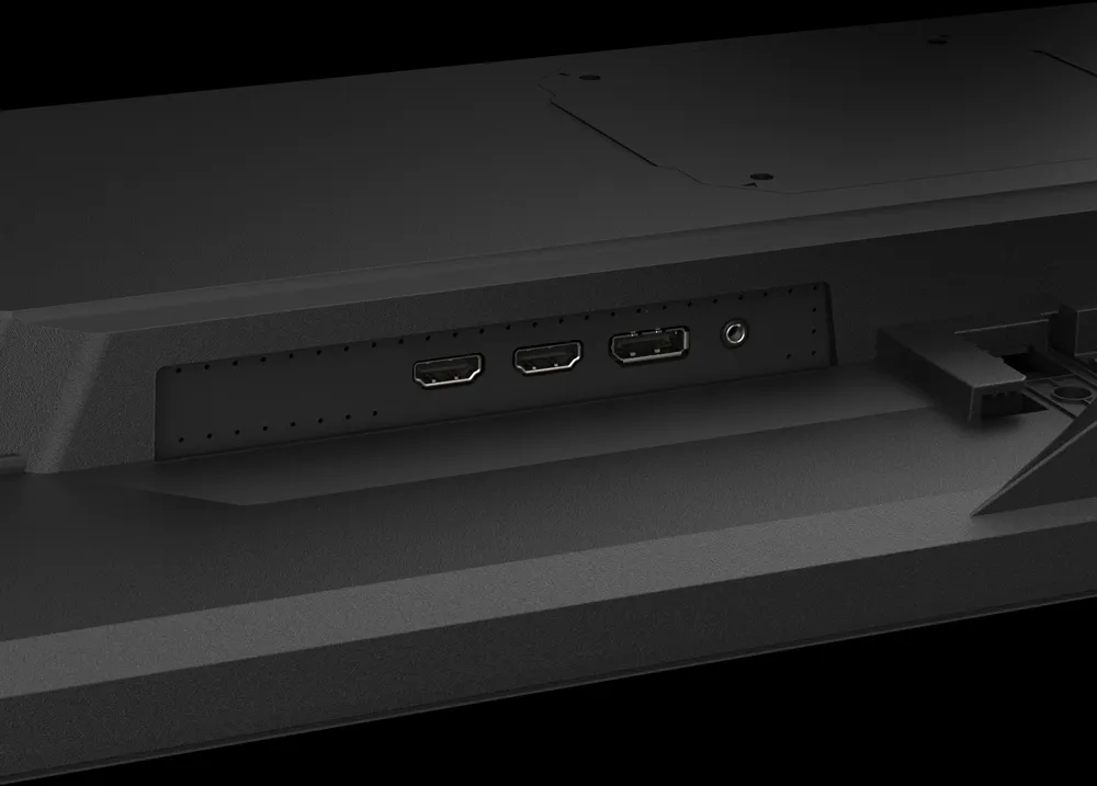 Rückseite eines schwarzen Monitors mit Anschlüssen für HDMI und Audio, auf schwarzem Hintergrund.